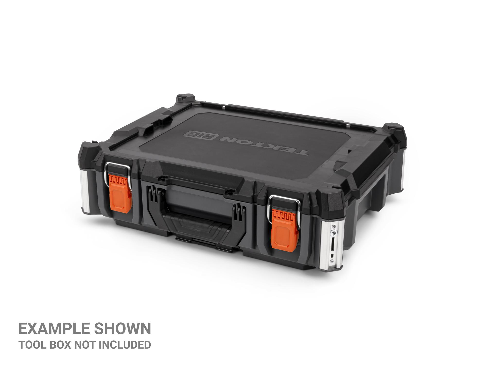 Angled view of orange Tekton RIG Stacking Tool Box Latches, 2-Piece. OLC98403
