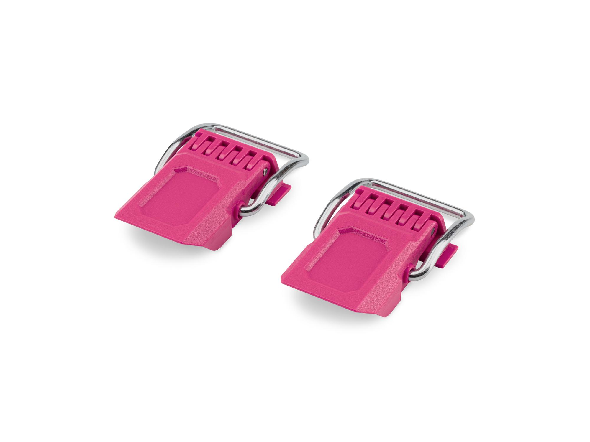 Angled view of magenta Tekton RIG stacking tool box latches, 2-piece. OLC98404