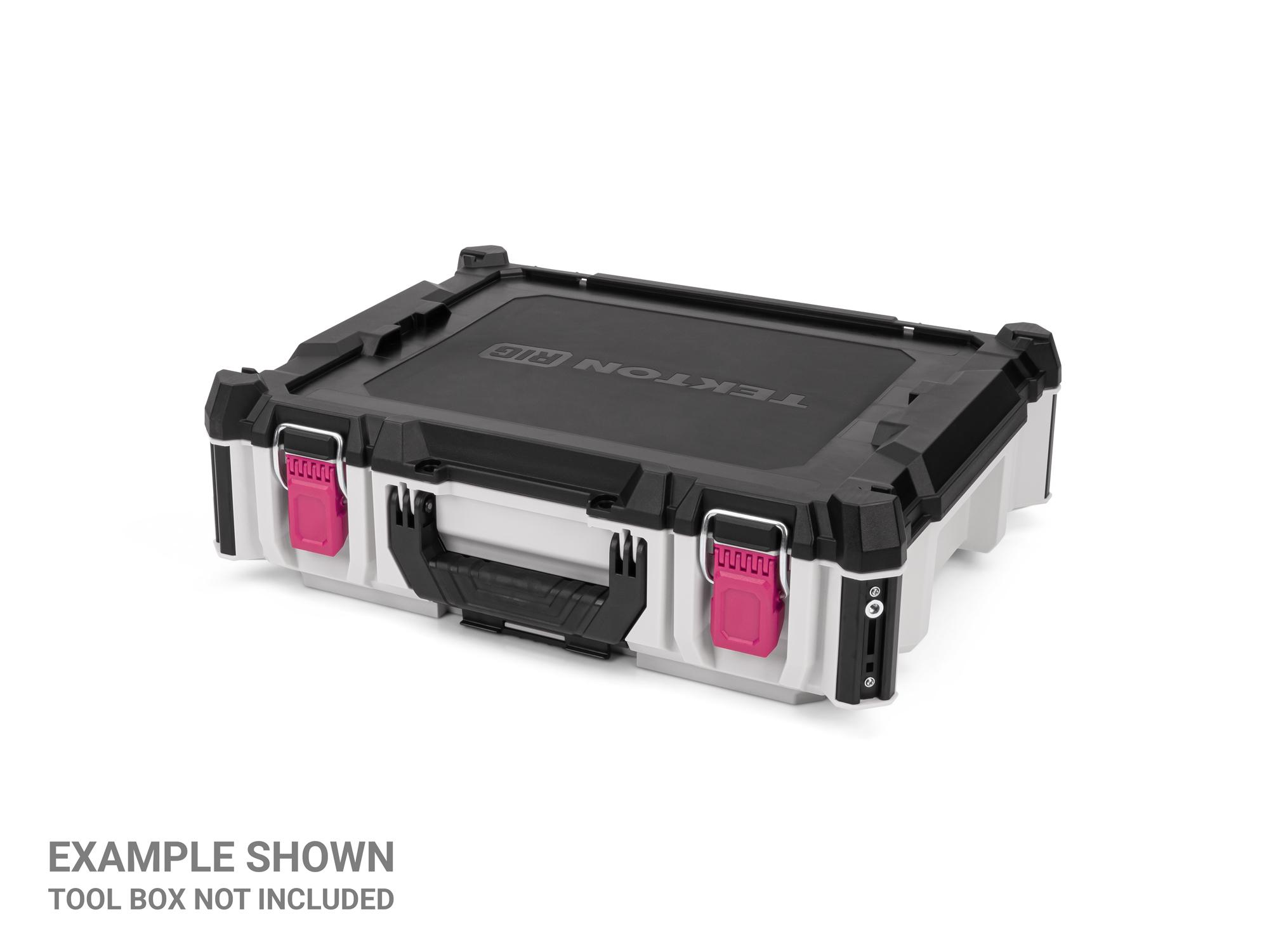 Angled view of magenta Tekton RIG stacking tool box latches, 2-piece. OLC98404