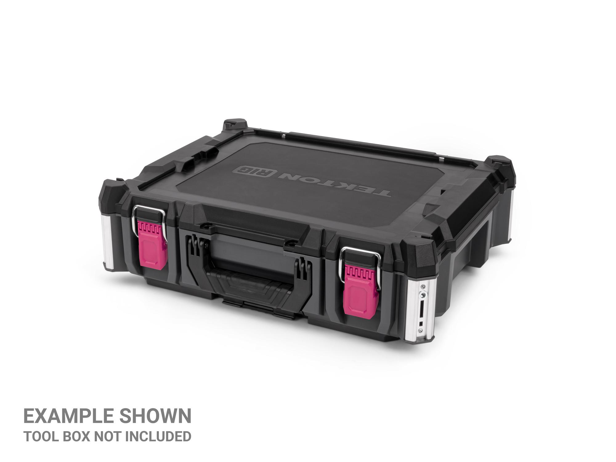Angled view of magenta Tekton RIG stacking tool box latches. OLC98404