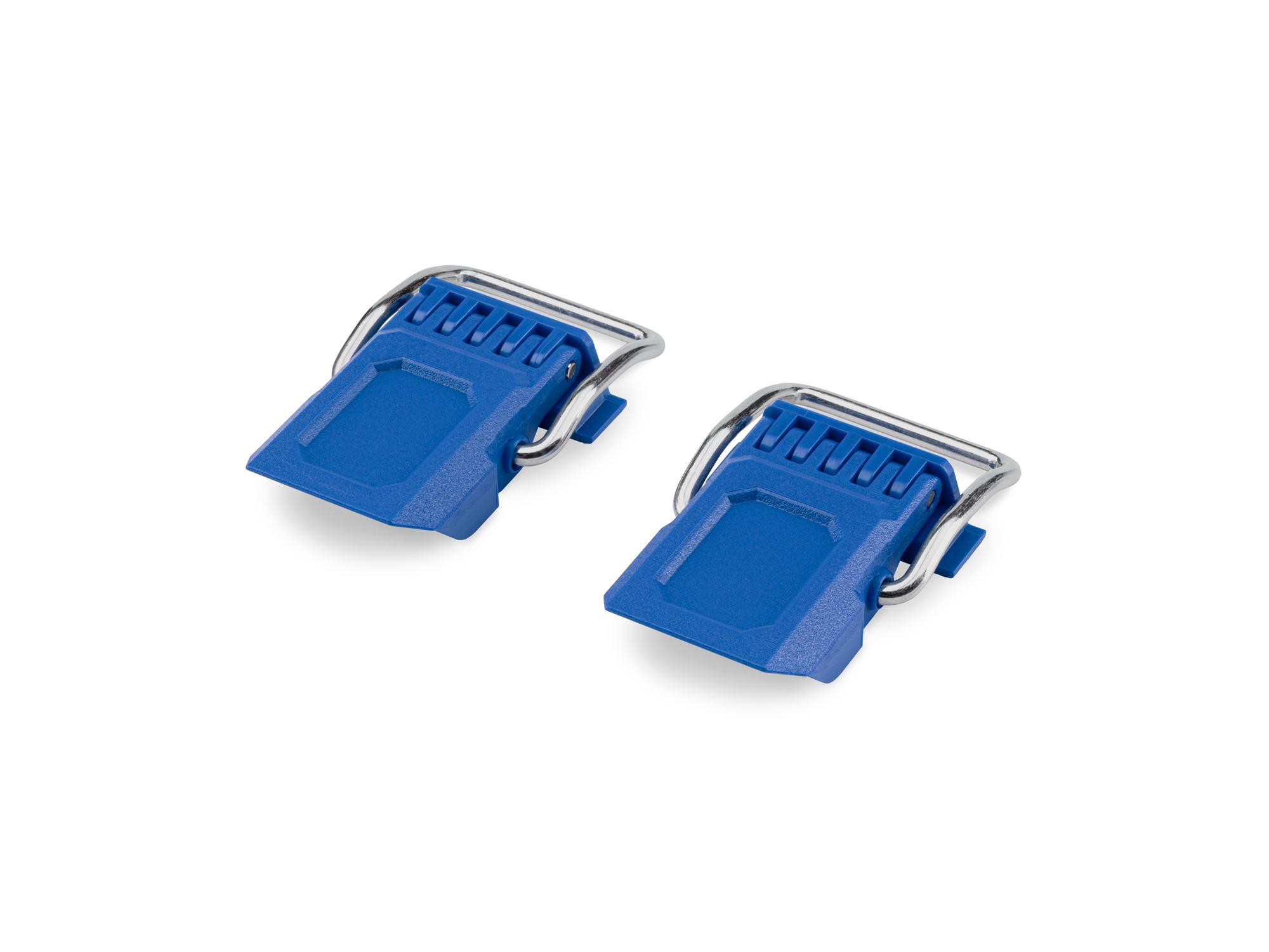 Angled view of blue Tekton RIG Stacking Tool Box Latches, 2-Piece. OLC98405