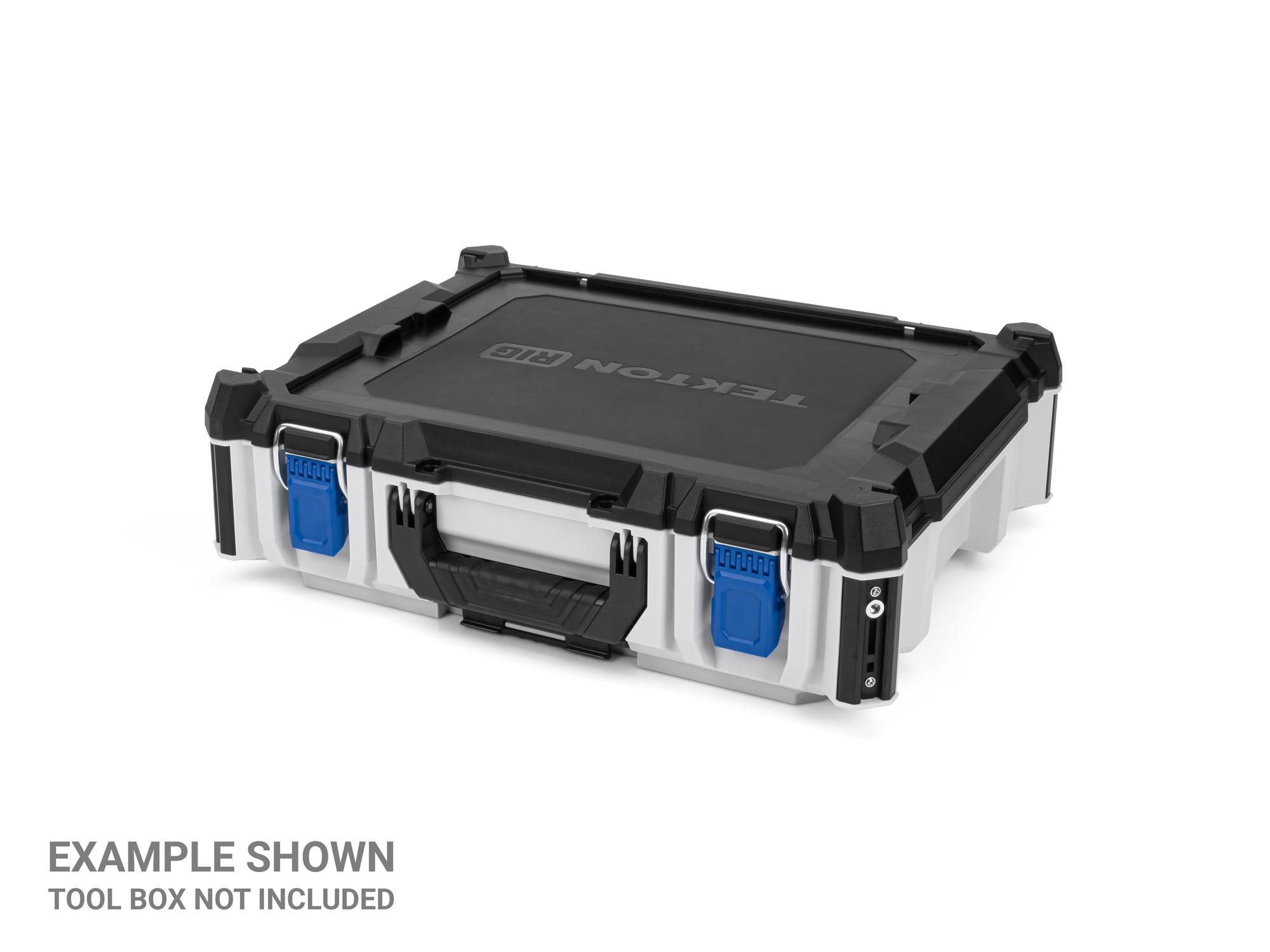 Angled view of blue Tekton RIG stacking tool box latches, 2-piece. OLC98405