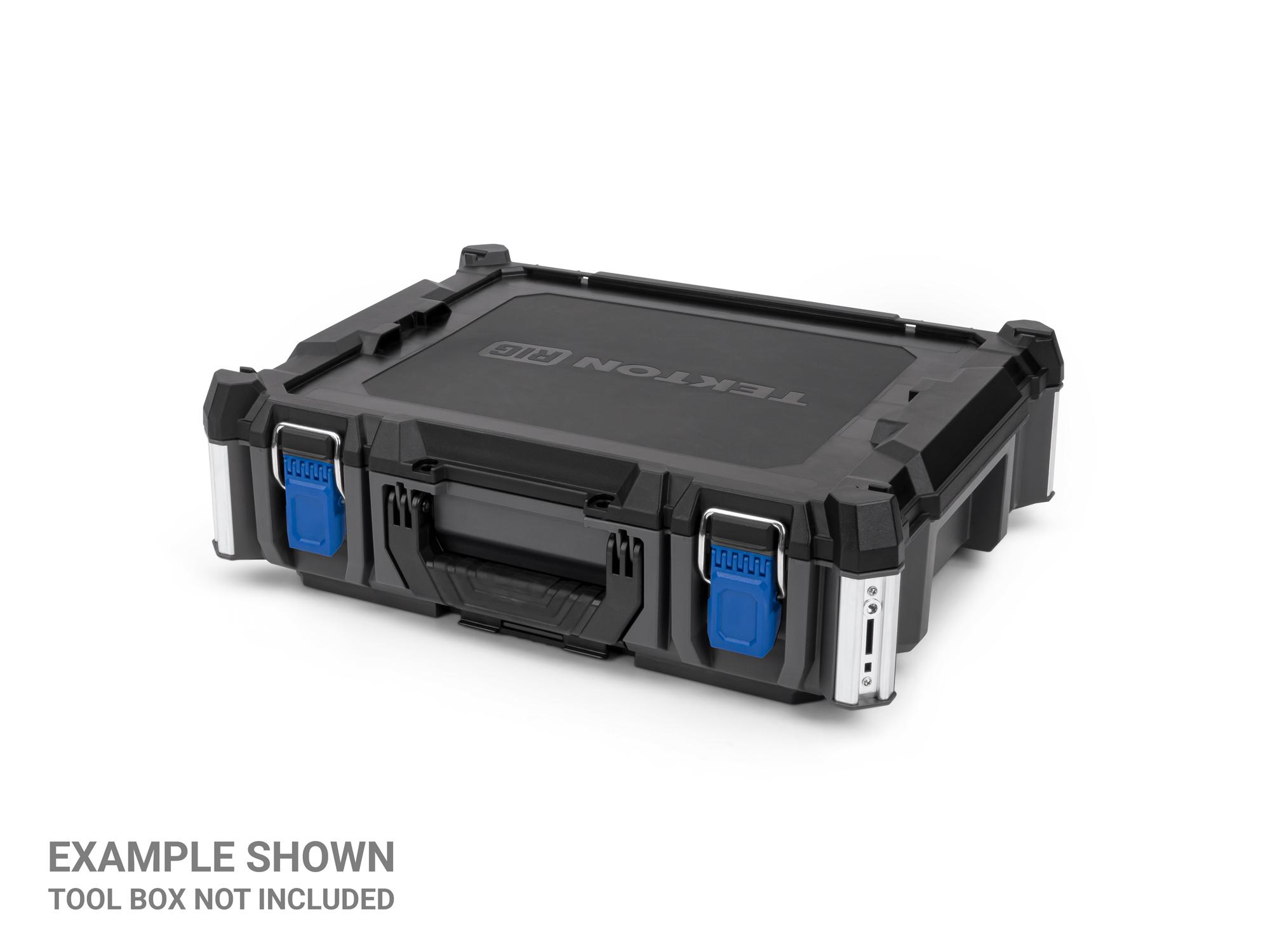 Angled view of blue Tekton RIG Stacking Tool Box Latches, 2-Piece. OLC98405