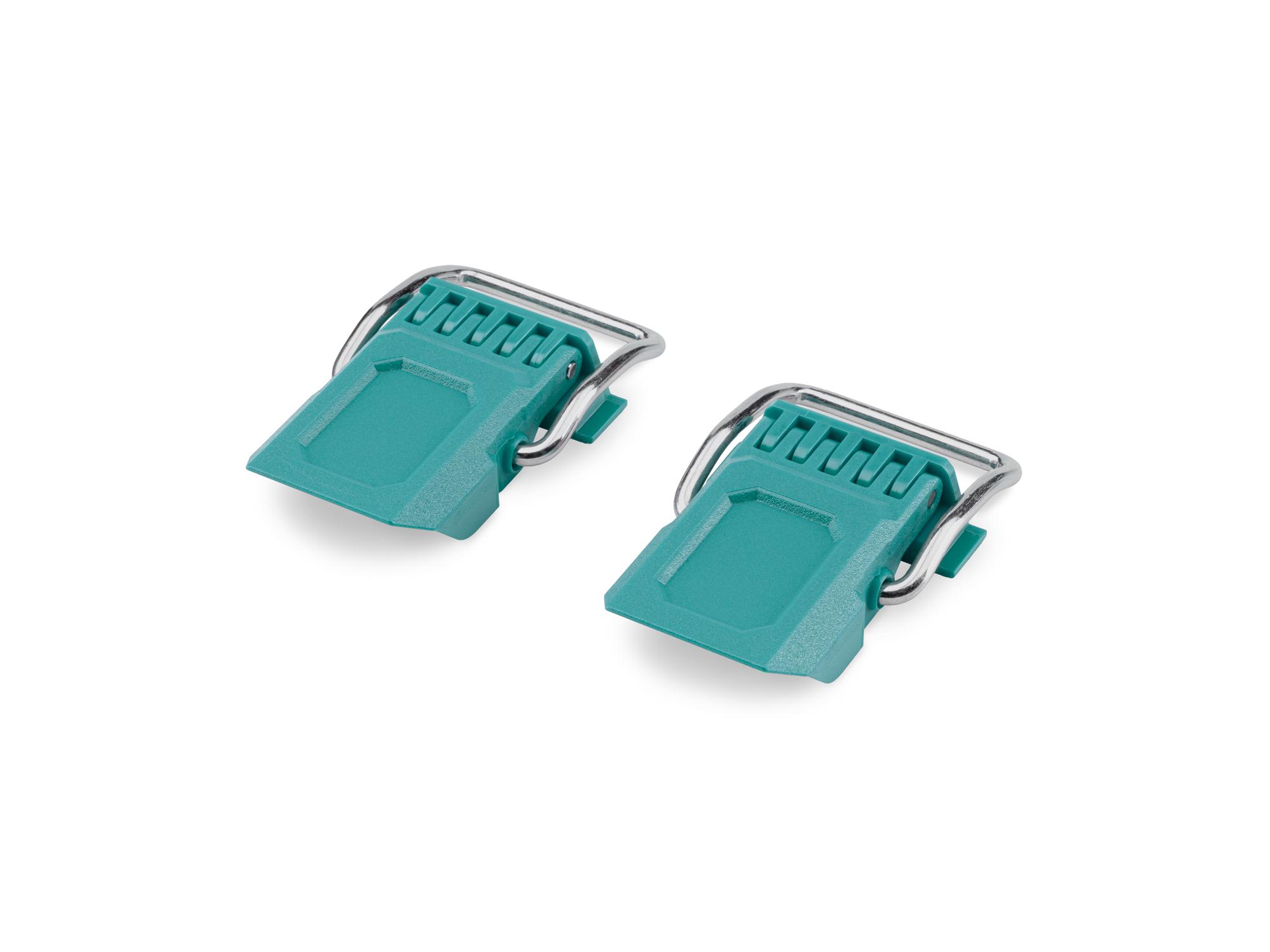 Angled view of turquoise Tekton RIG stacking tool box latches, 2-piece. OLC98406