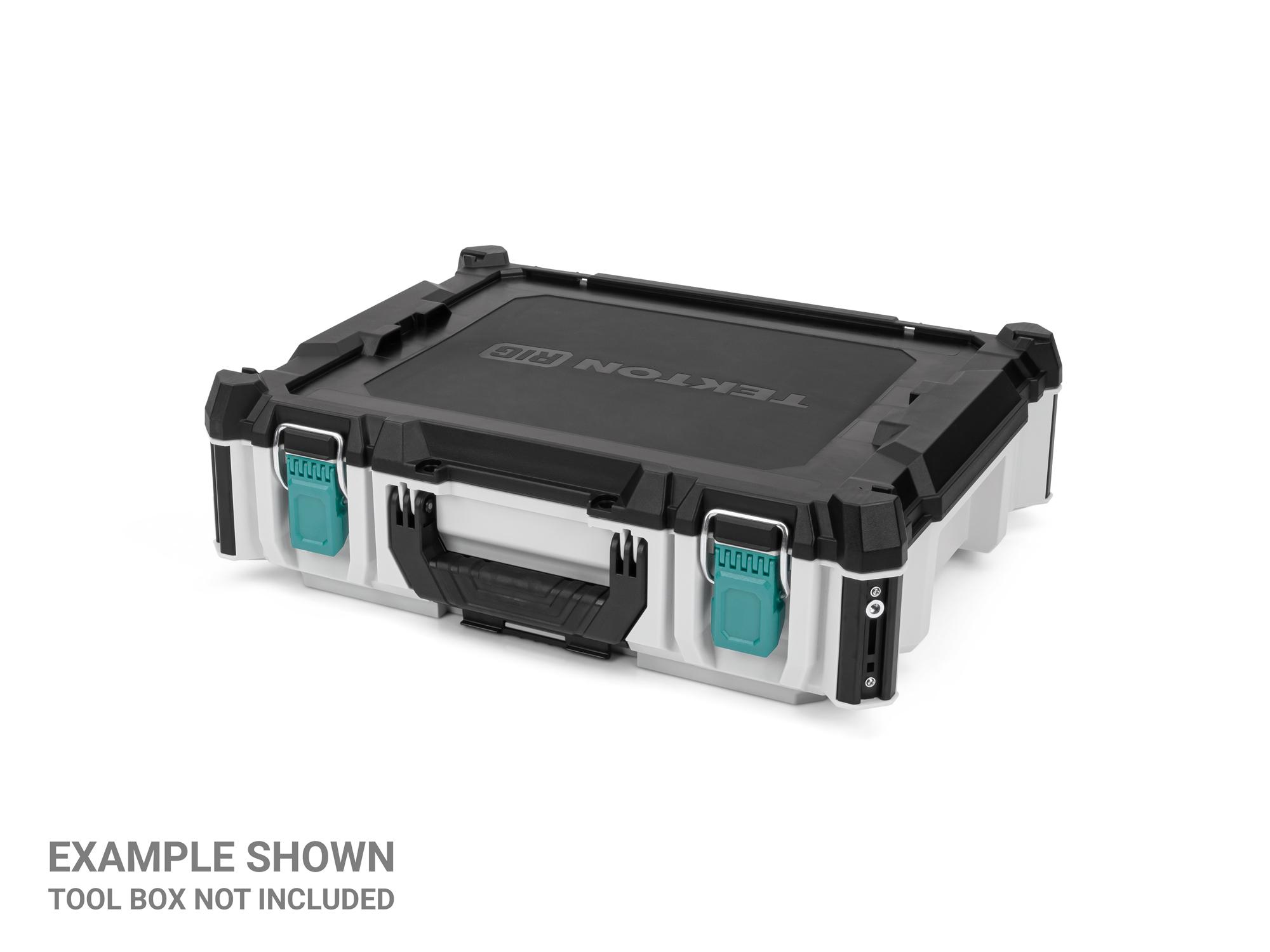 Angled view of turquoise Tekton RIG stacking tool box latches, 2-piece. OLC98406