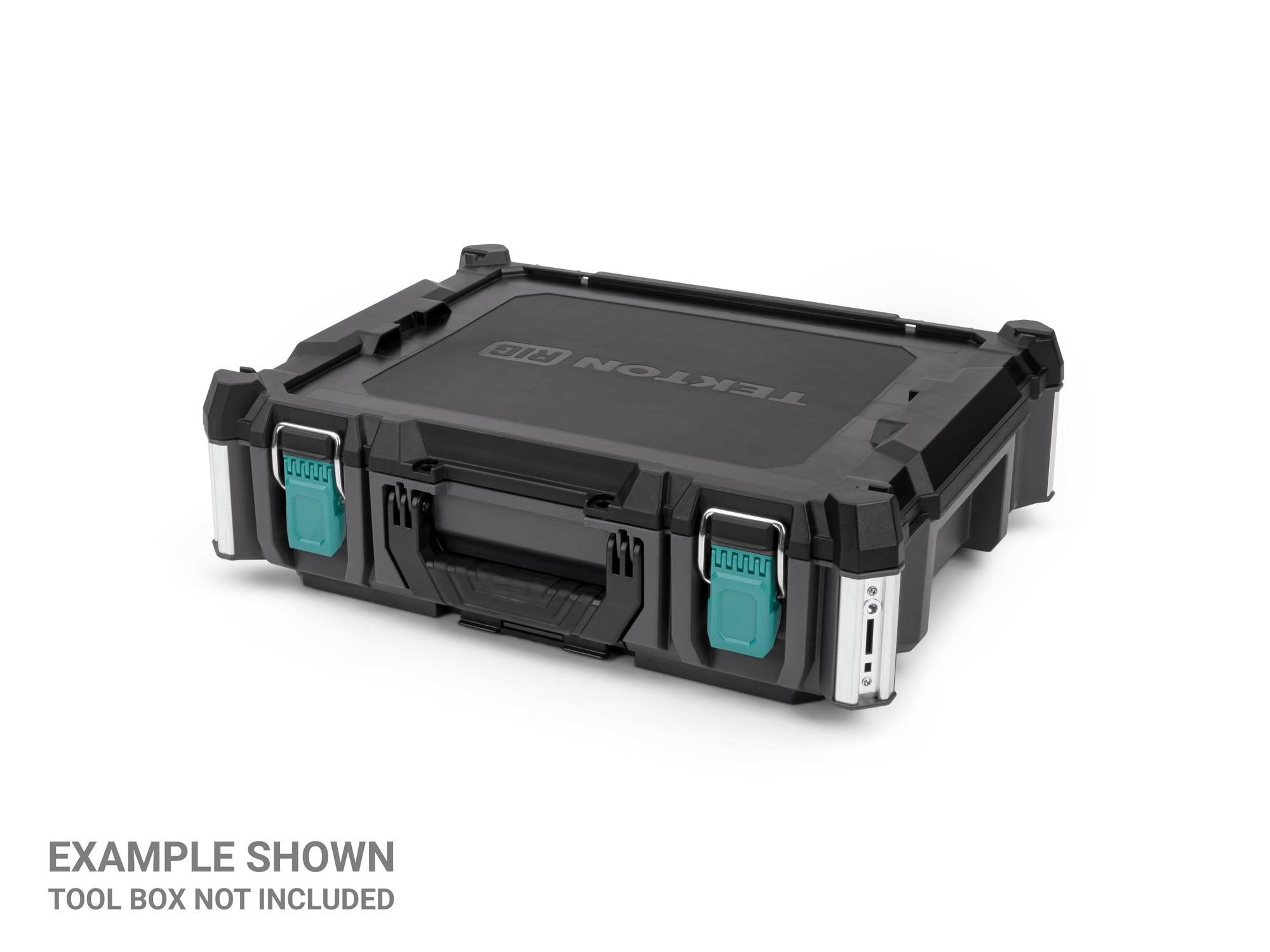 Angled view of turquoise Tekton RIG stacking tool box latches, 2-piece. OLC98406