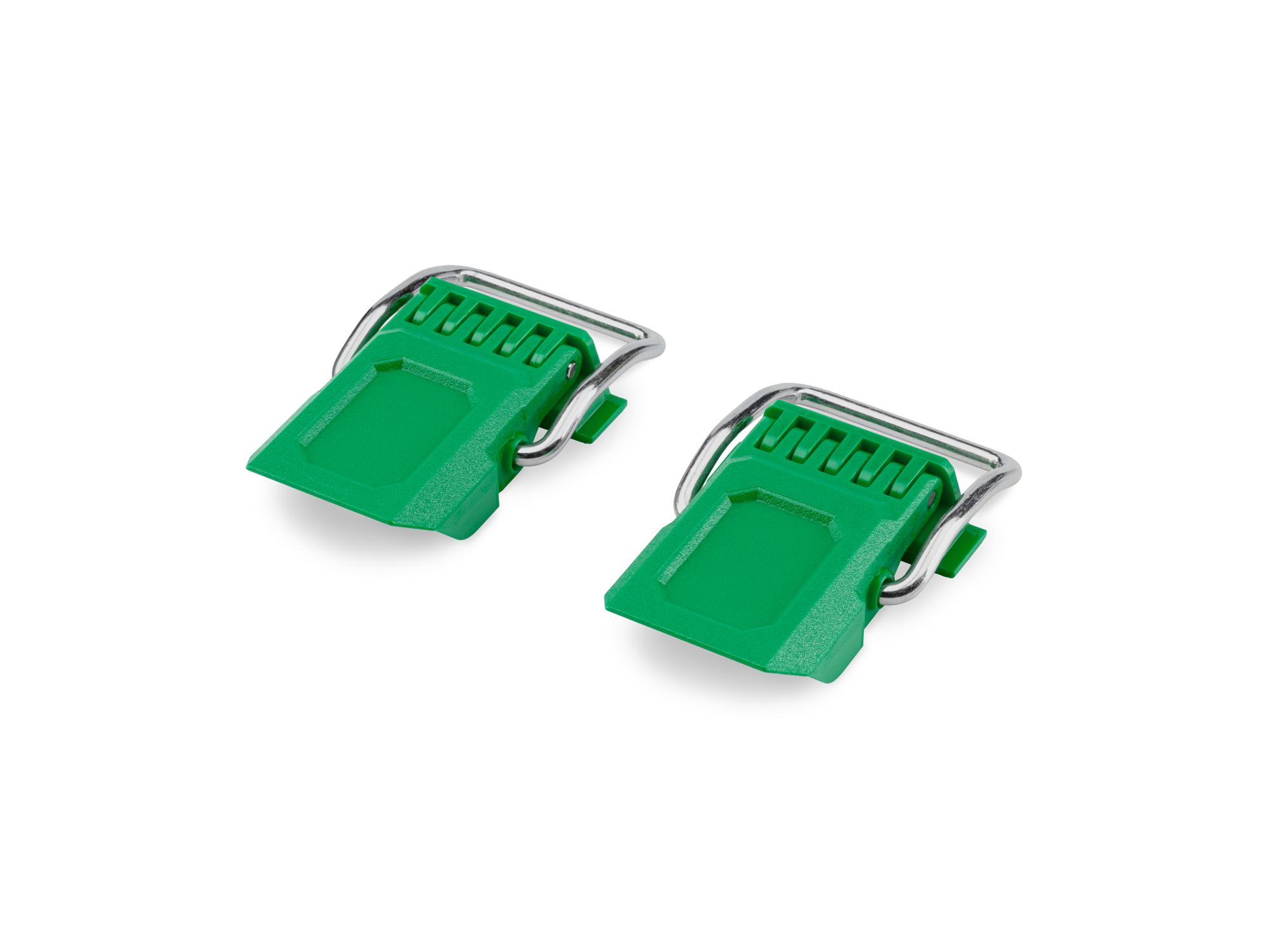 Angled view of green Tekton RIG stacking tool box latches, 2-piece. OLC98407