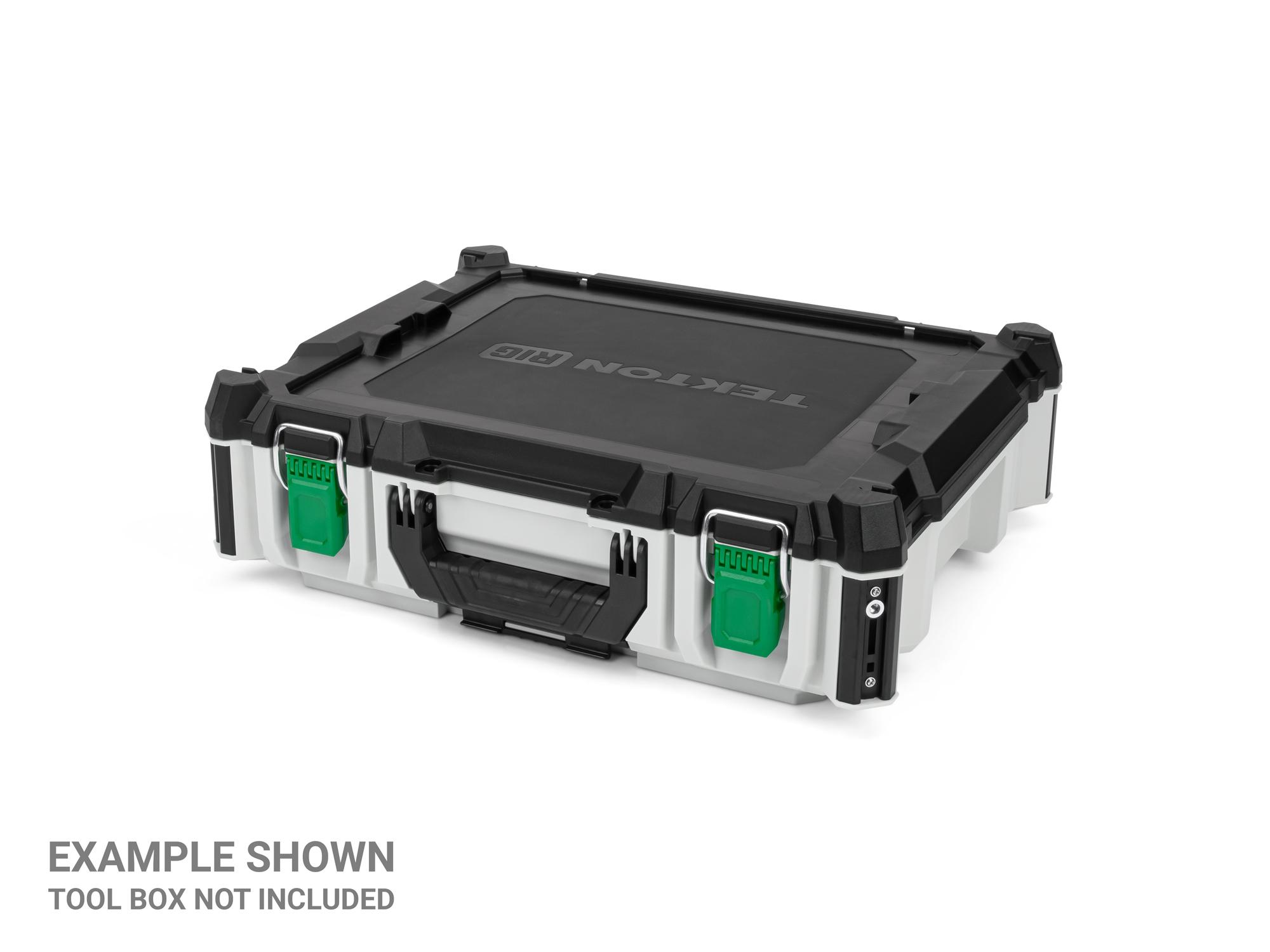 Angled view of green Tekton RIG stacking tool box latches set. OLC98407