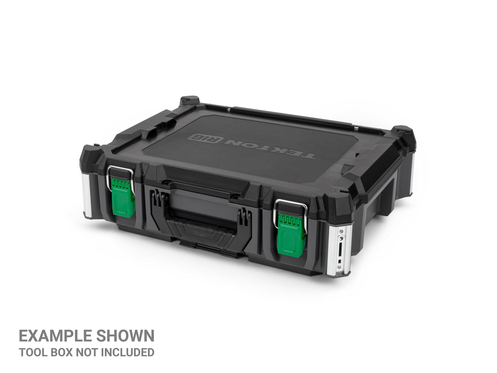 Angled view of green Tekton RIG stacking tool box latches, 2-piece. OLC98407