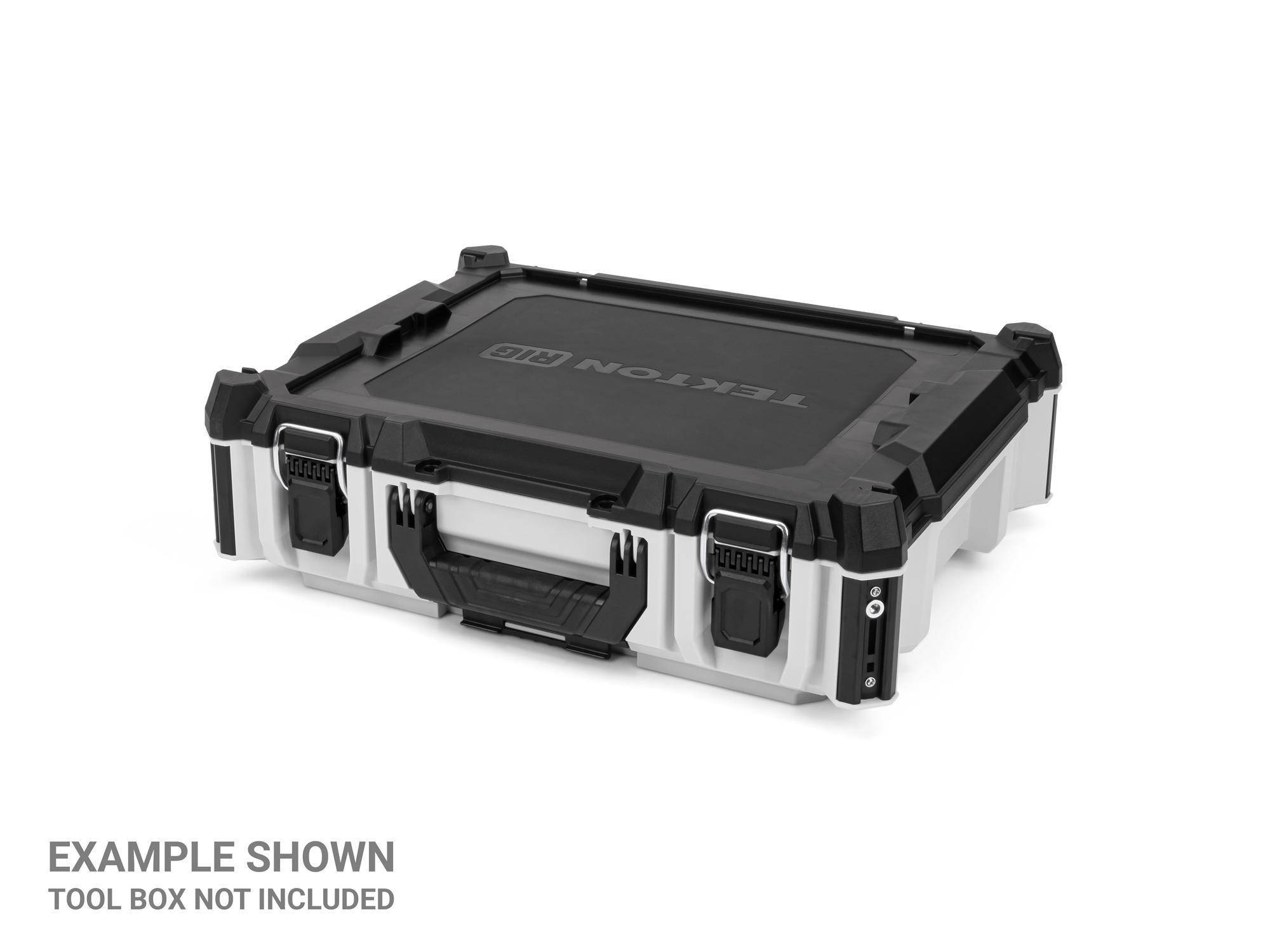 Angled view of black Tekton RIG stacking tool box latches, 2-piece. OLC98408