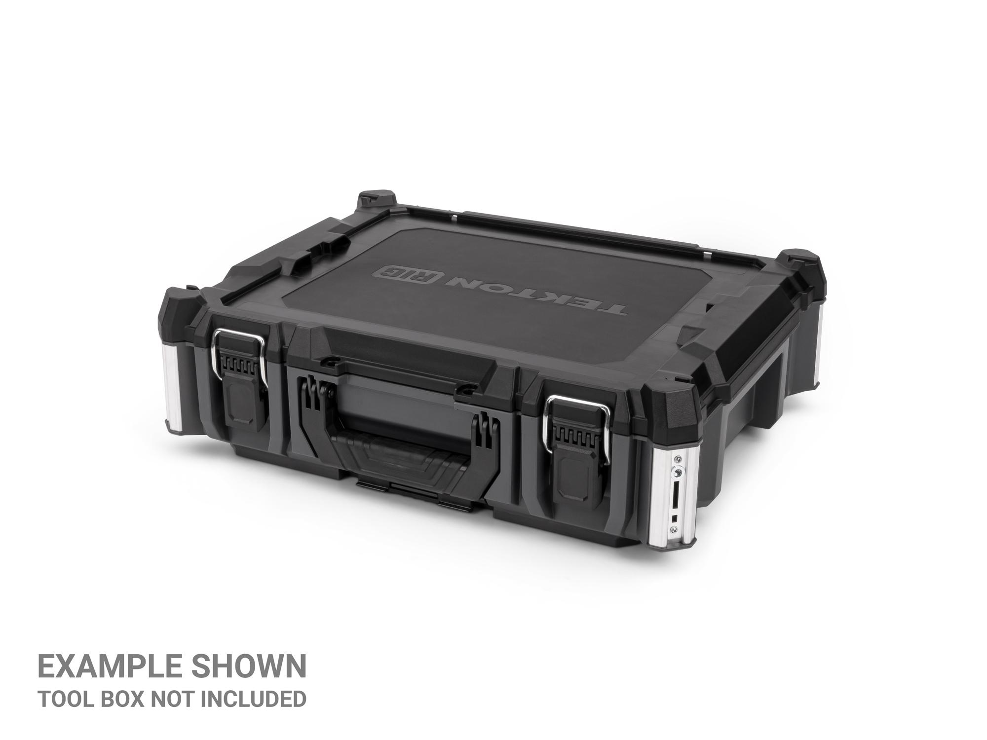 Angled view of black Tekton RIG stacking tool box latches, 2-piece. OLC98408