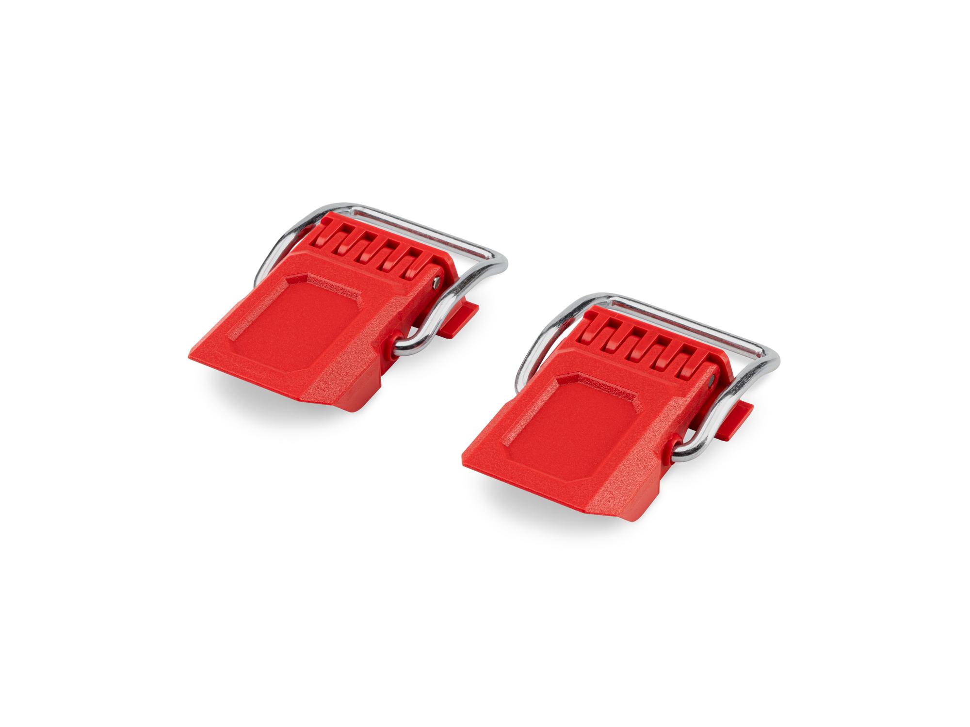 Angled view of red Tekton RIG Stacking Tool Box Latches, 2-Piece. OLC98409