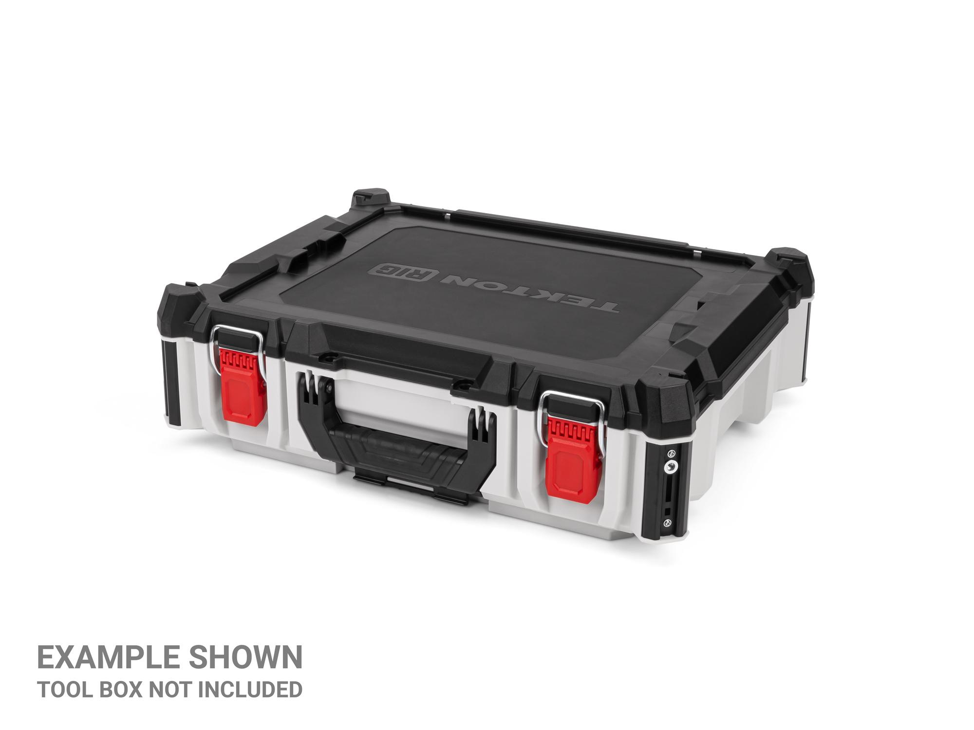 Angled view of red Tekton RIG Stacking Tool Box Latches, 2-Piece. OLC98409