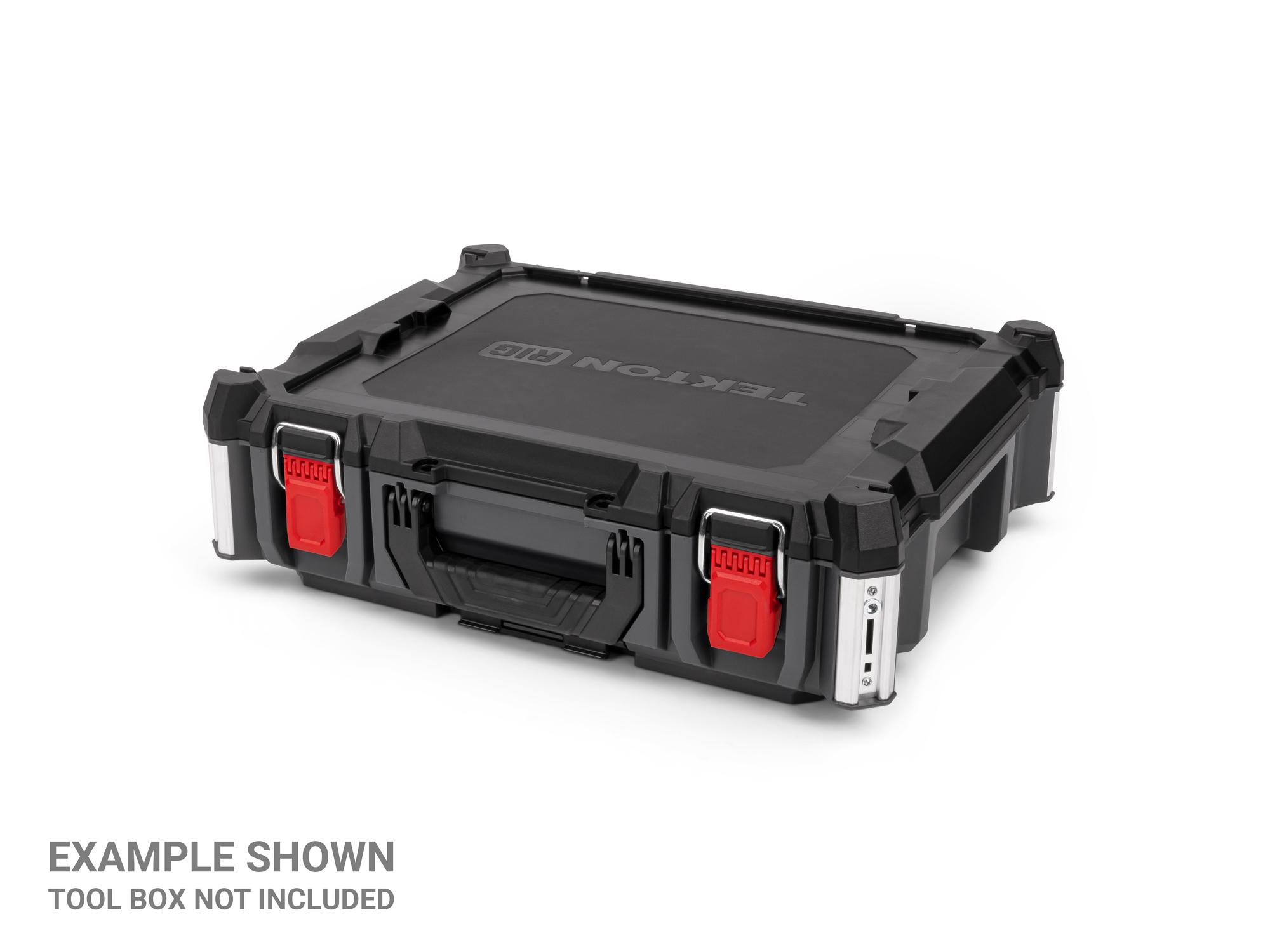 Angled view of red Tekton RIG Stacking Tool Box Latches, 2-Piece. OLC98409
