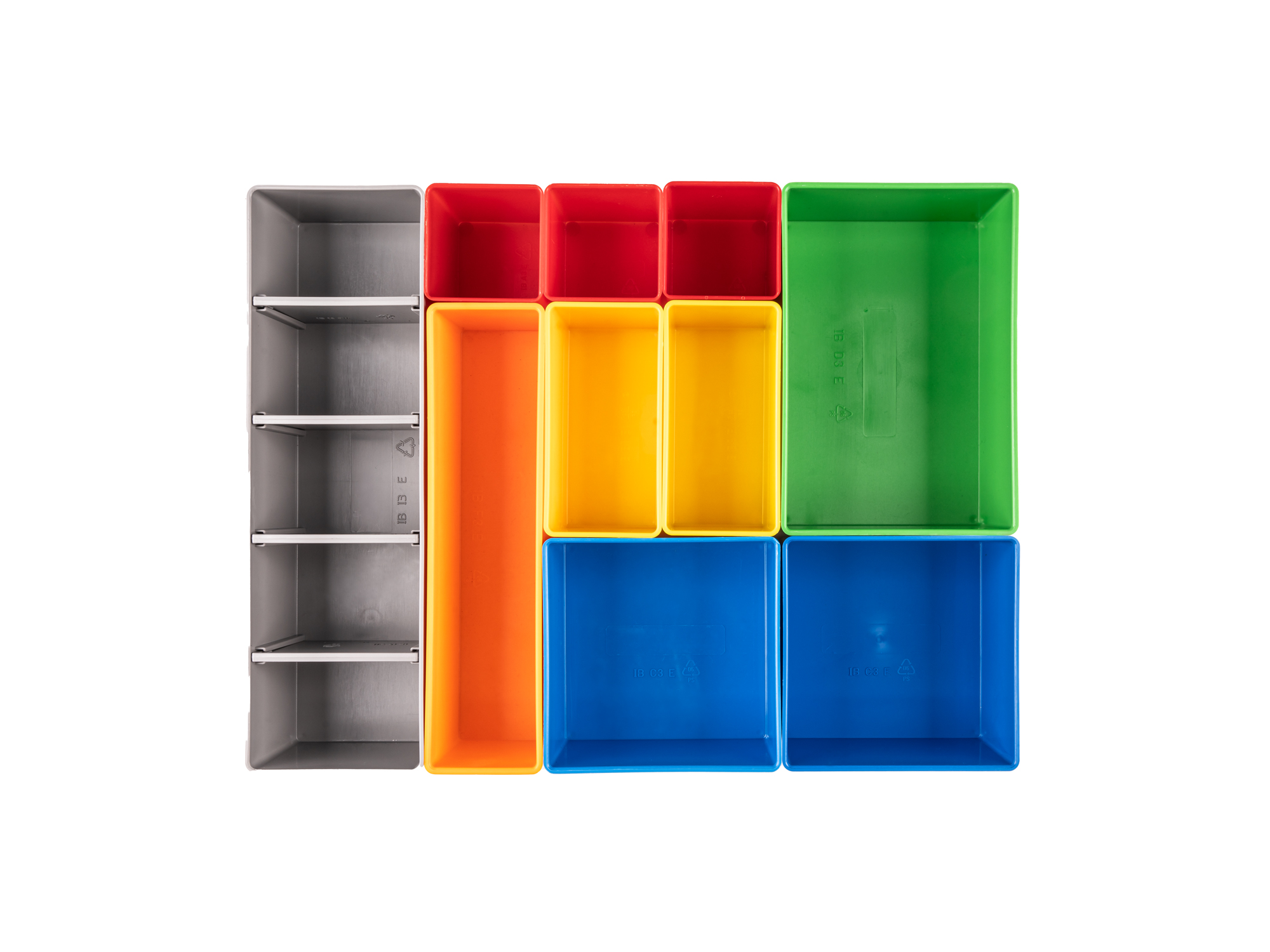 Set includes 10 L-BOXX® compatible organizer bins: 3 red bins, 2 yellow bins, 2 blue bins, 1 green bin, 1 orange bin, and 1 gray bin. OLM95010.