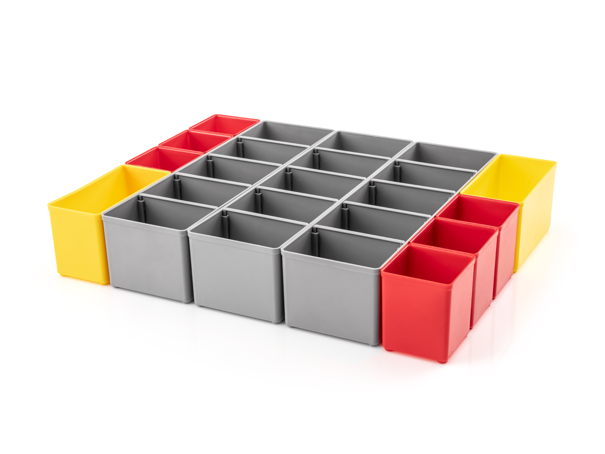 Set includes 11 L-BOXX® compatible organizer bins: 6 red bins, 2 yellow bins, and 3 gray bins. OLM95011.