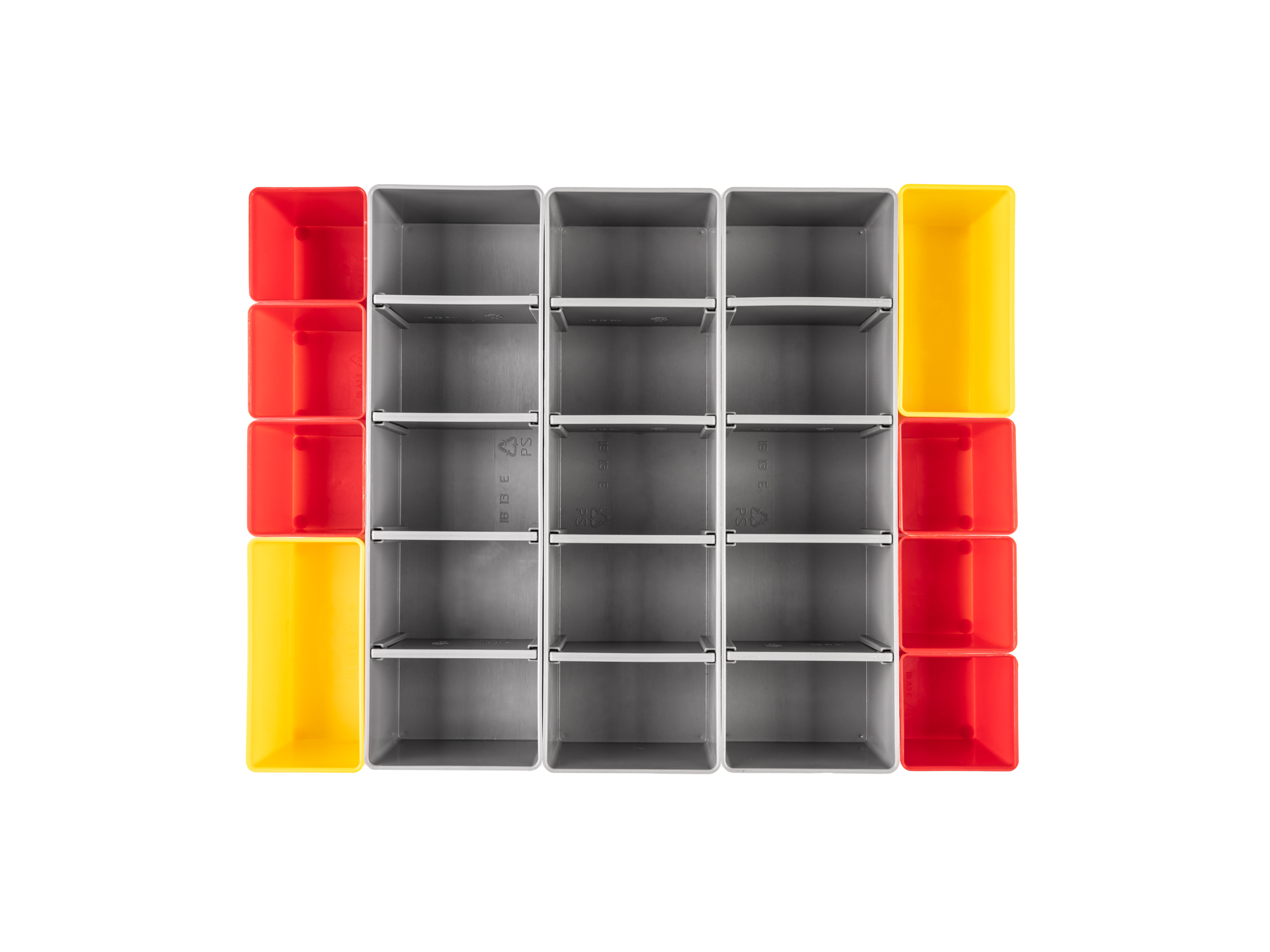 Set includes 11 L-BOXX® compatible organizer bins: 6 red bins, 2 yellow bins, and 3 gray bins. OLM95011.