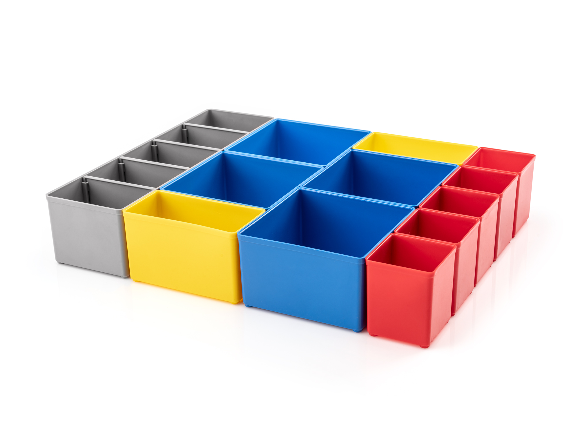 Set includes 12 L-BOXX® compatible organizer bins: 5 red bins, 2 yellow bins, 4 blue bins, and 1 gray bin. OLM95012.