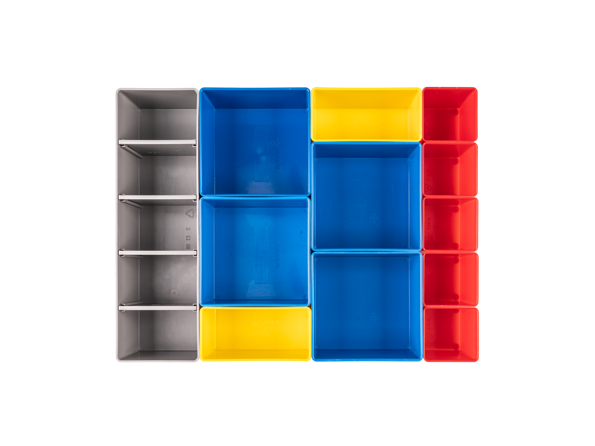 Set includes 12 L-BOXX® compatible organizer bins: 5 red bins, 2 yellow bins, 4 blue bins, and 1 gray bin. OLM95012.