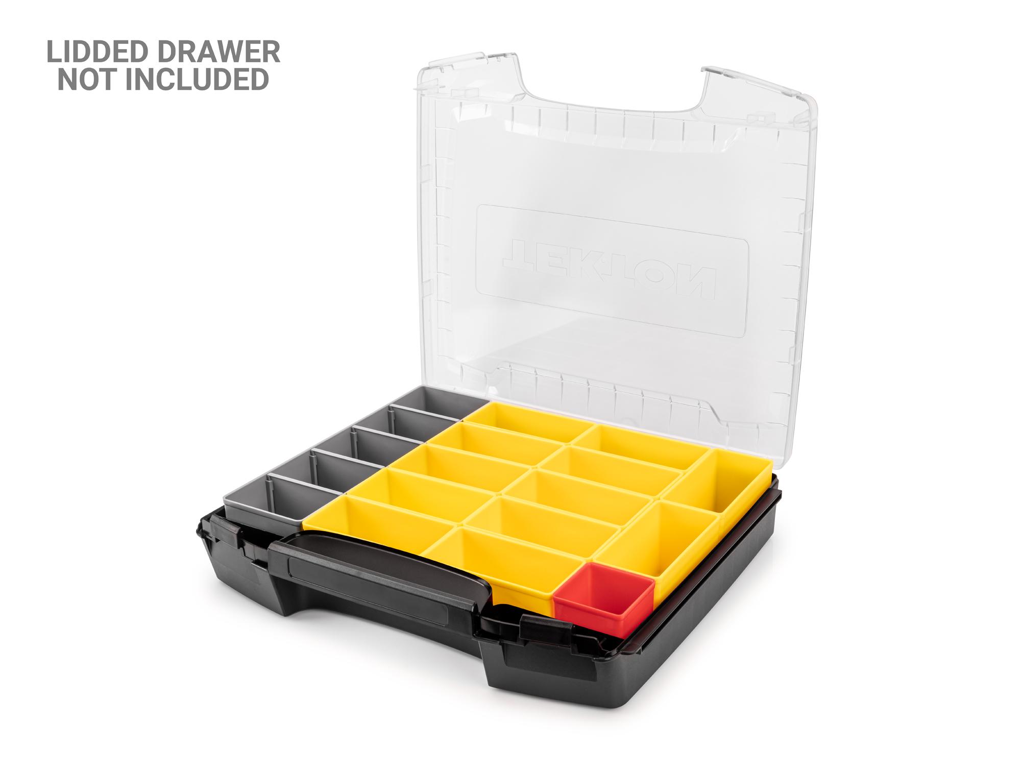 Front angled view of Tekton stacking organization system set in a tool cabinet drawer. Item #OLM95014