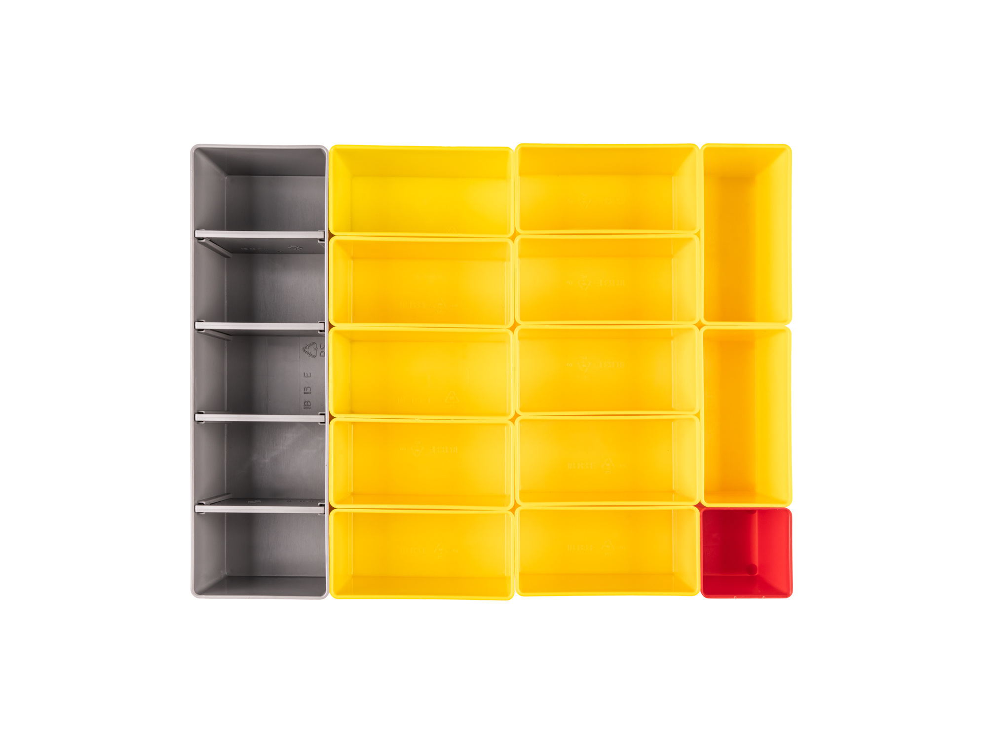 Set includes 14 L-BOXX® compatible organizer bins: 1 red bin, 12 yellow bins, and 1 gray bin. OLM95014.