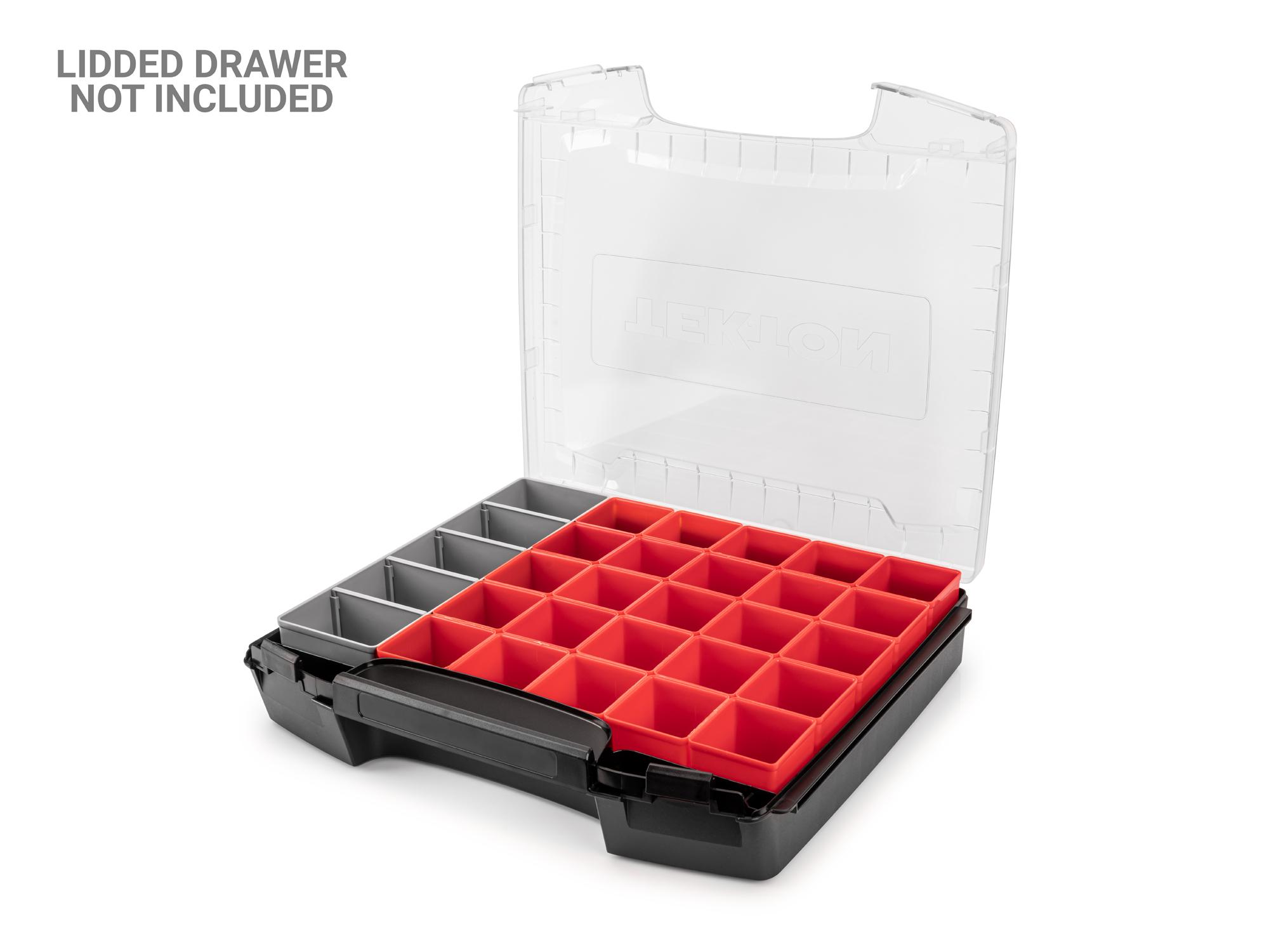 Front angled view of Tekton stacking organization system set in a tool cabinet drawer. Item #OLM95026
