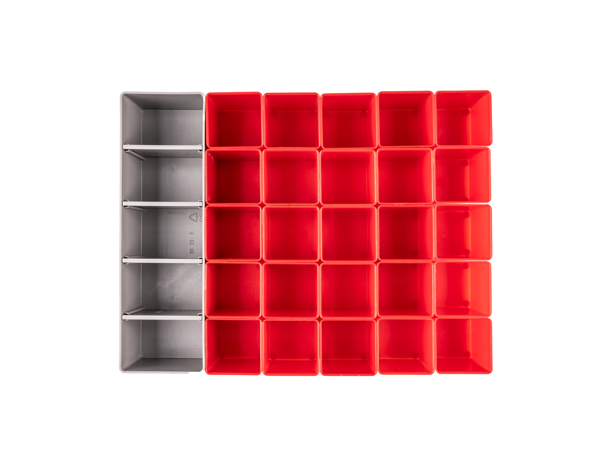 Set includes 26 L-BOXX® compatible organizer bins: 25 red organizer bins and 1 gray bin. OLM95026.