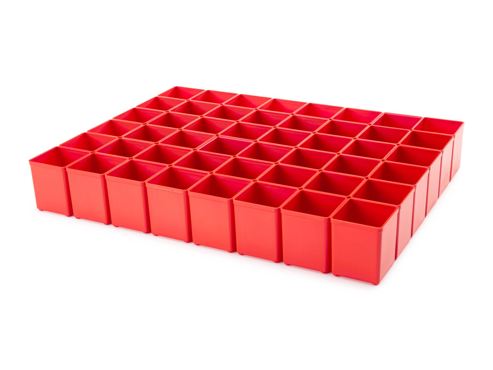 Angled view of red Tekton organizer bin set, 48-piece (2.5 inch height). OLM95030