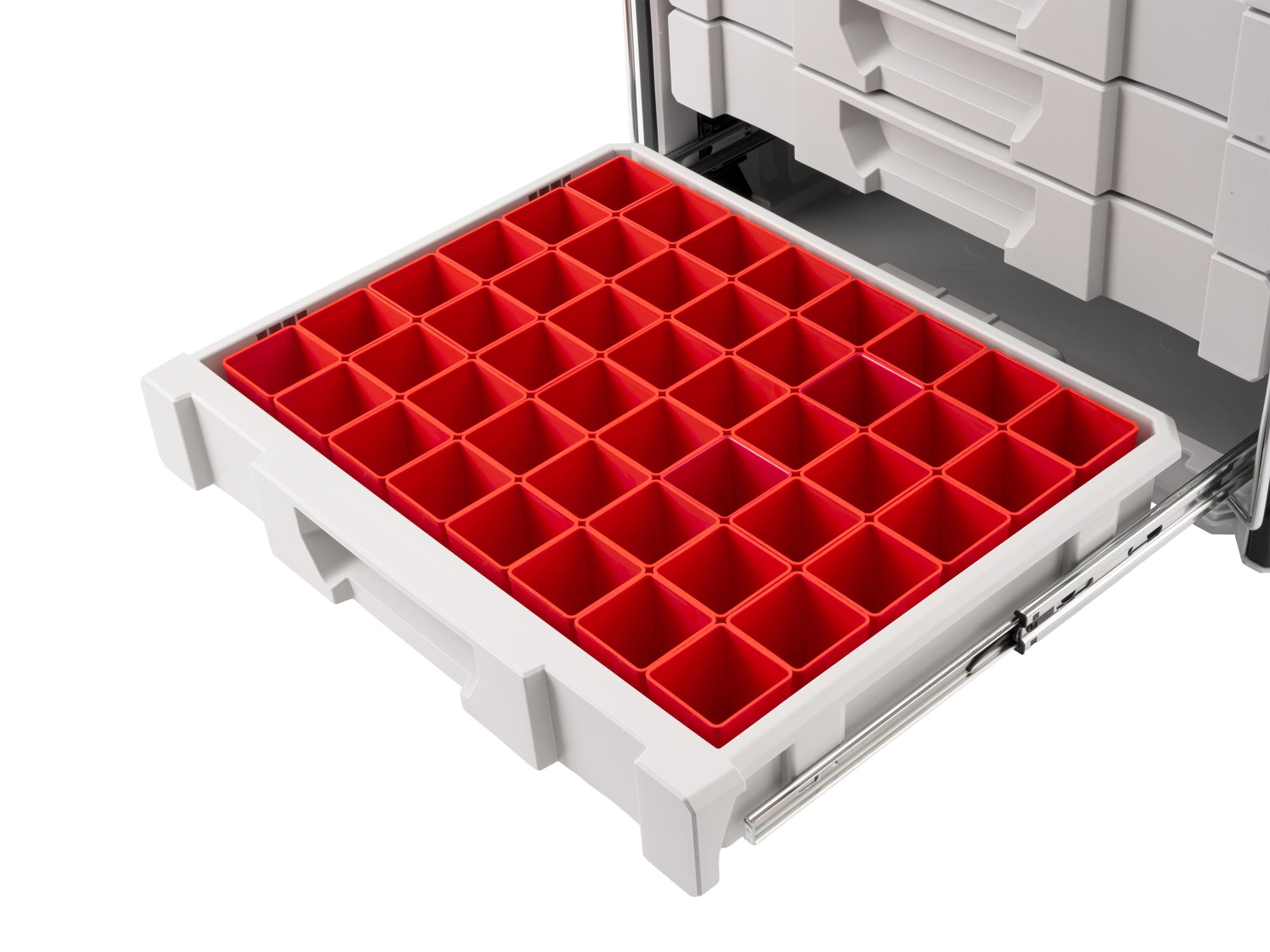 Open drawer with red Tekton organizer bin set, 48-piece (2.5 inch height). OLM95030