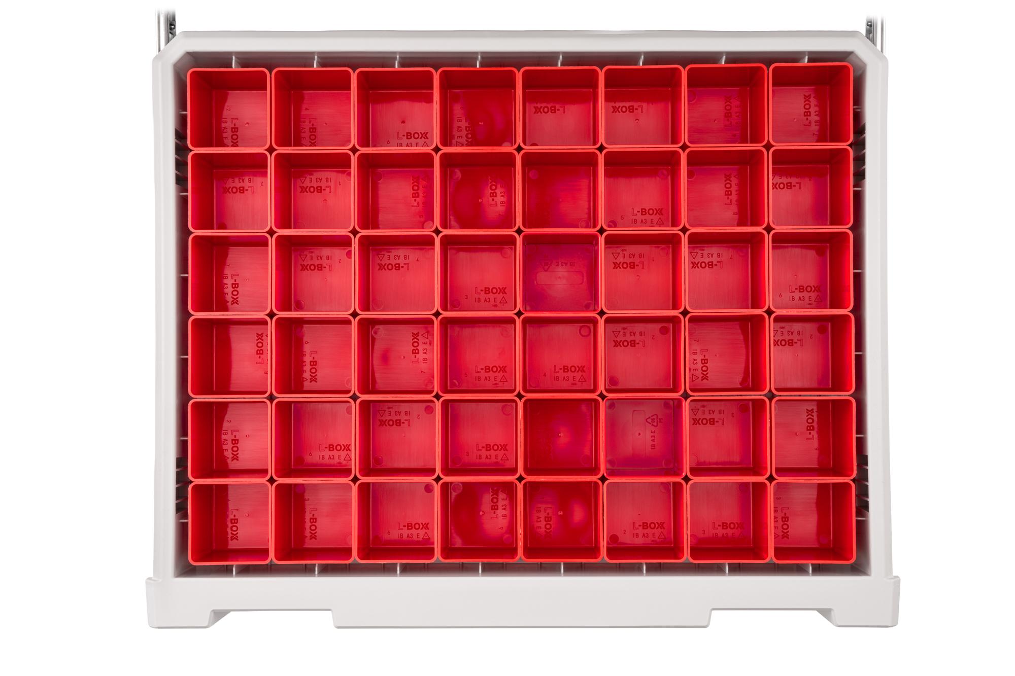 Front view of red Tekton organizer bin set, 48-piece (2.5 inch height). OLM95030