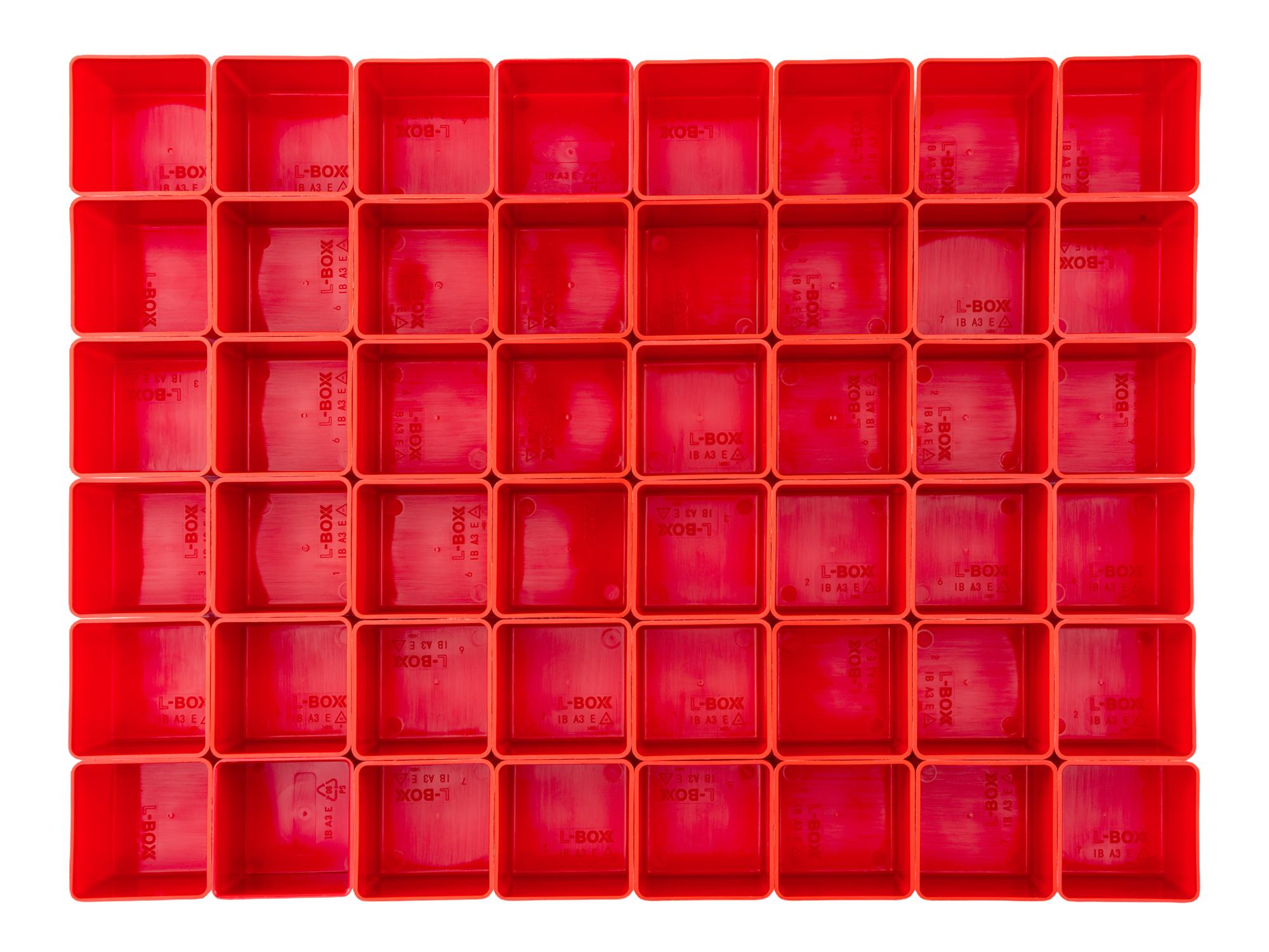 Top view of red Tekton organizer bin set, 48-piece (2.5 inch height). OLM95030