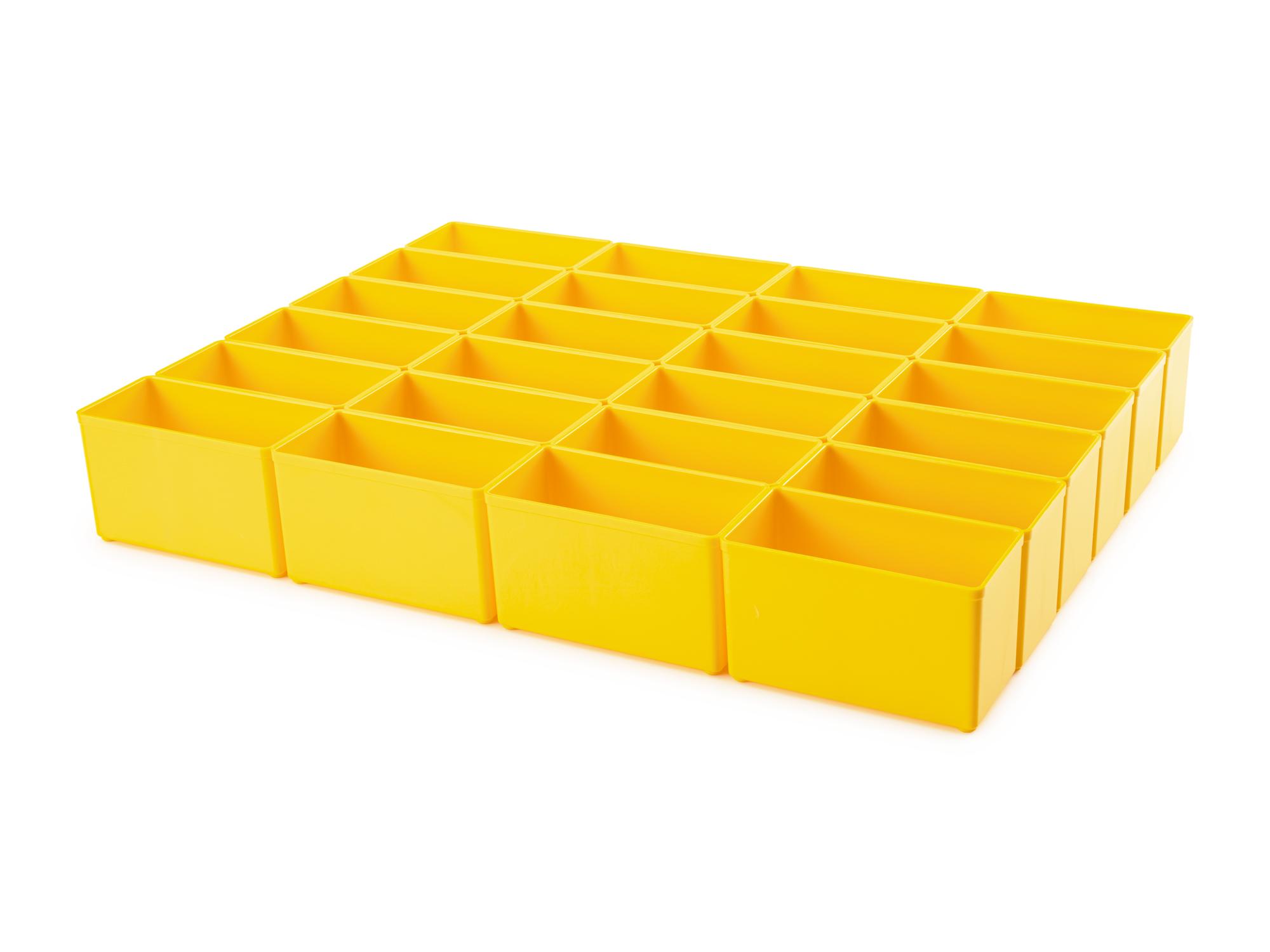 Angled view of yellow Tekton organizer bin set (2.5 inch height). OLM95031