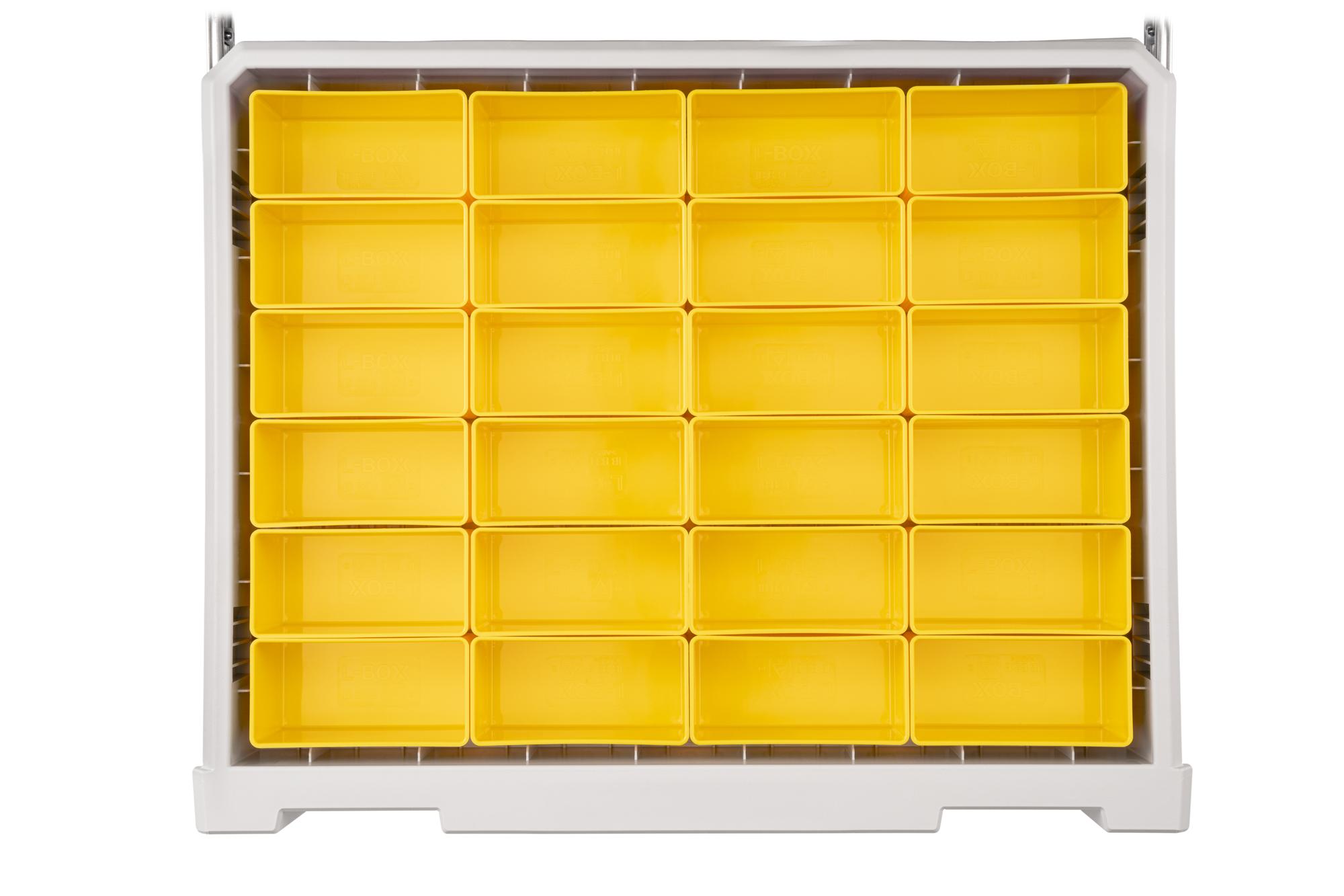 Front view of yellow Tekton organizer bin set (2.5 inch height). OLM95031