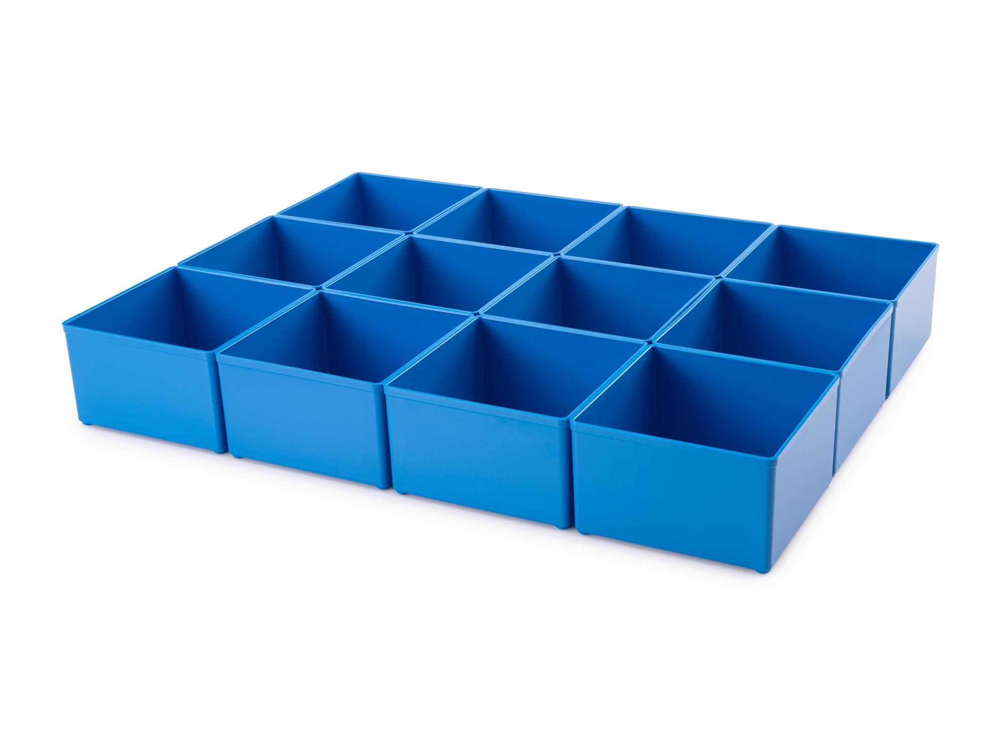 Angled view of blue Tekton organizer bin set, 12-piece (2.5 inch height). OLM95032