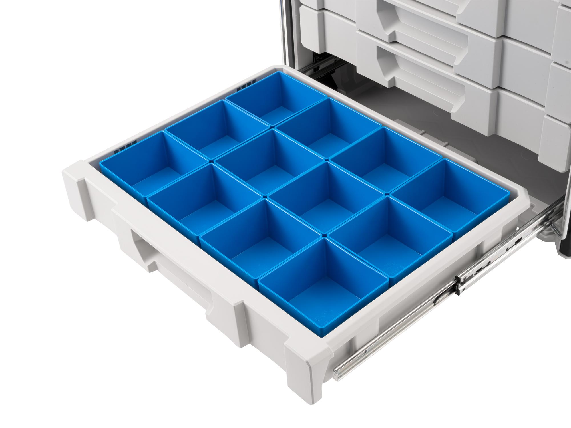 Blue Tekton organizer bin set in a drawer. OLM95032
