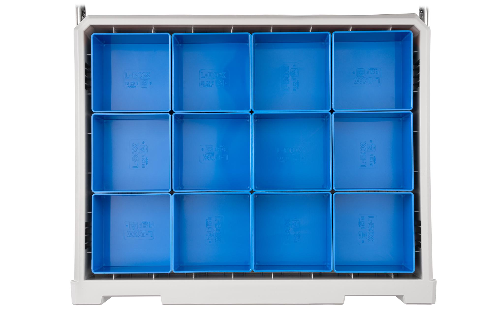 Front view of blue Tekton organizer bin set, 12-piece (2.5 inch height). OLM95032