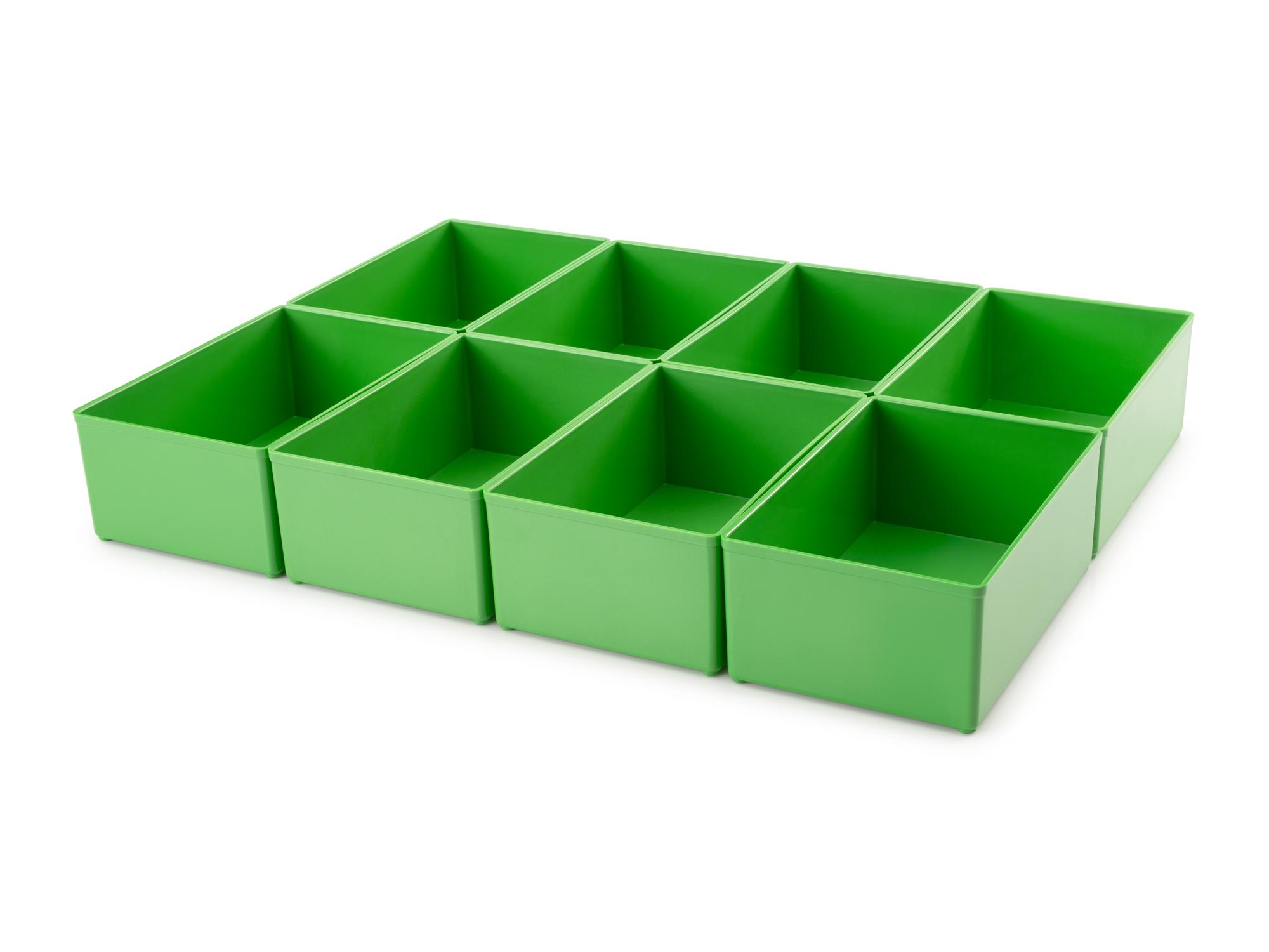 Angled view of green Tekton organizer bin set, 8-piece (2.5 inch height). OLM95033