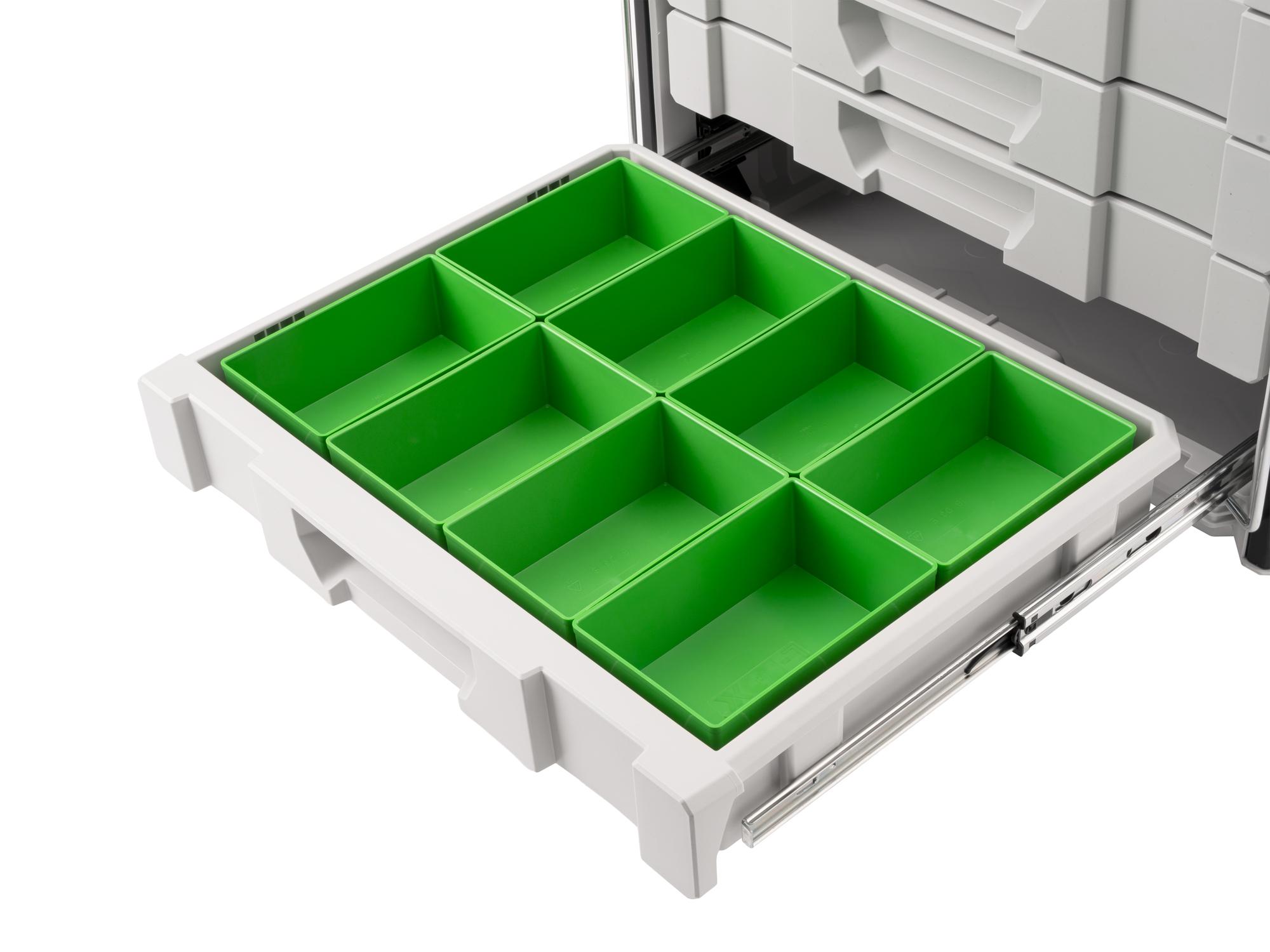 Green Tekton organizer bin set, 8-piece (2.5 inch height) in a drawer. OLM95033