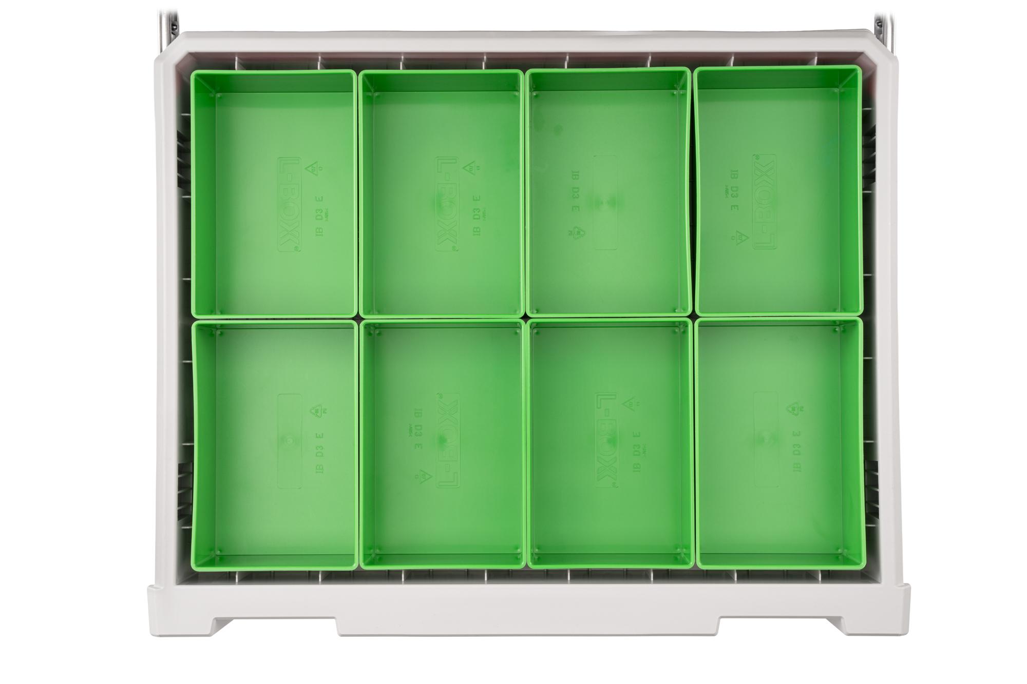 Top view of green Tekton organizer bin set, 8-piece (2.5 inch height). OLM95033