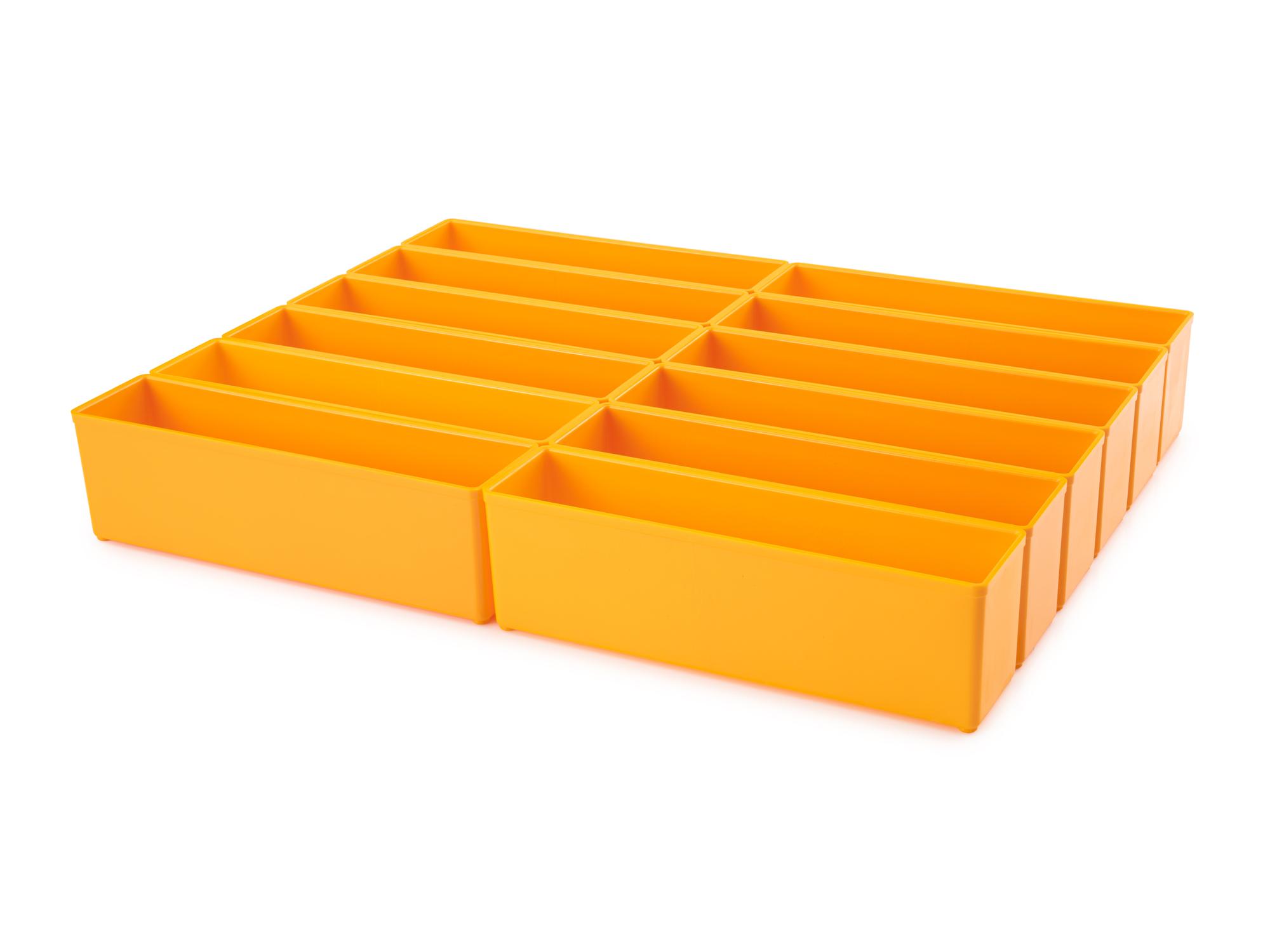 Angled view of orange Tekton organizer bin set, 12-piece (2.5 inch height). OLM95034
