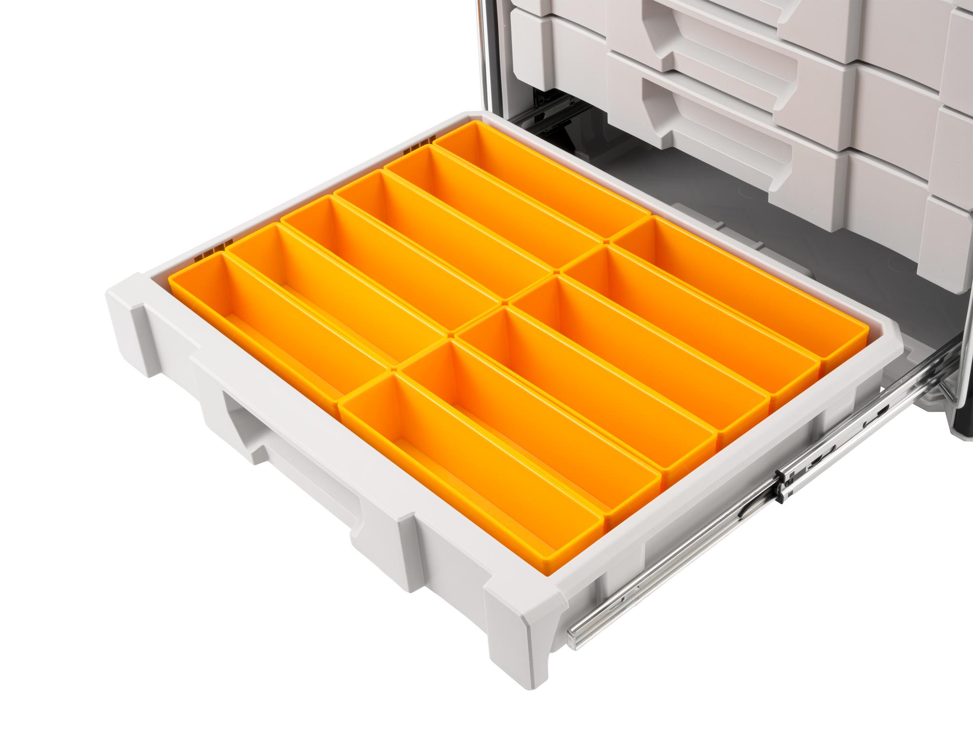 Angled view of yellow Tekton organizer bin set, 12-piece (2.5 inch height). OLM95034