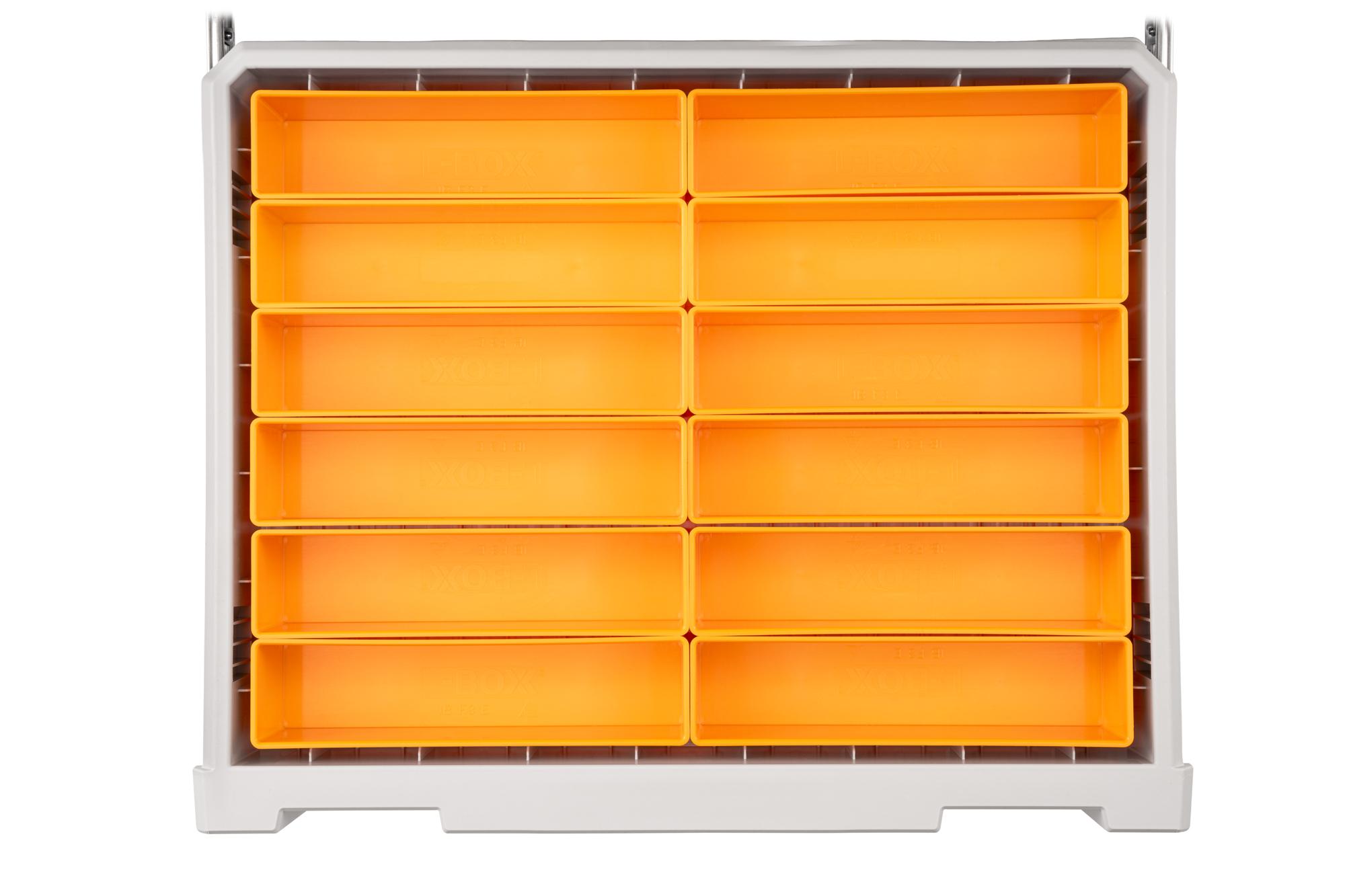 Front view of orange Tekton organizer bin set, 2.5 inch height. OLM95034