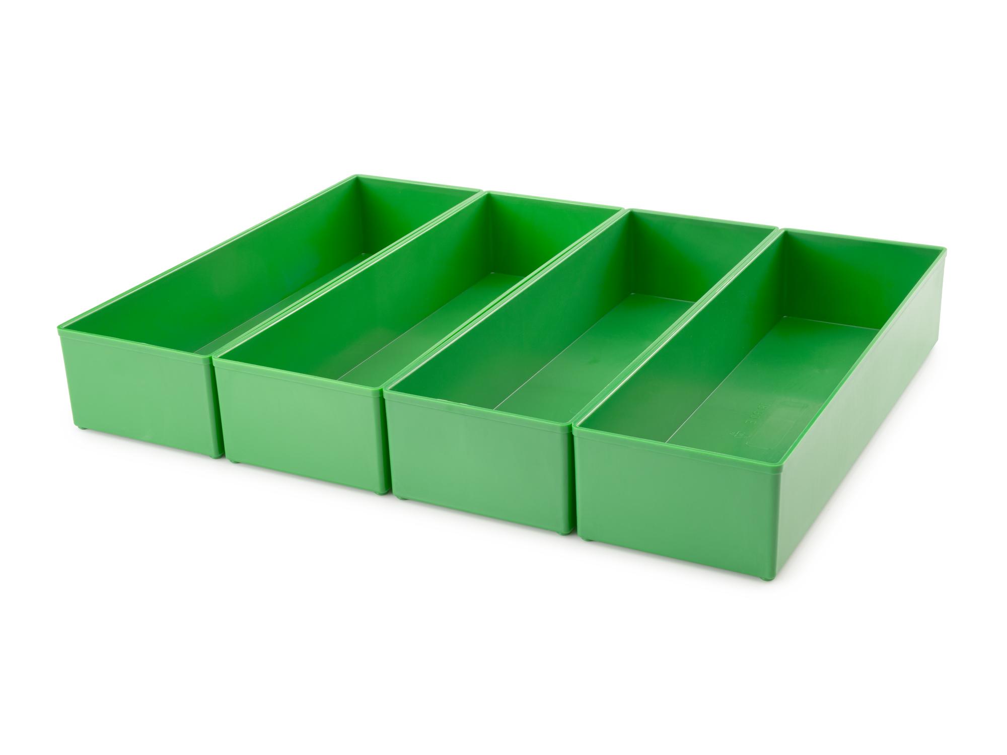 Angled view of green Tekton organizer bin set, 4-piece (2.5 inch height). OLM95035