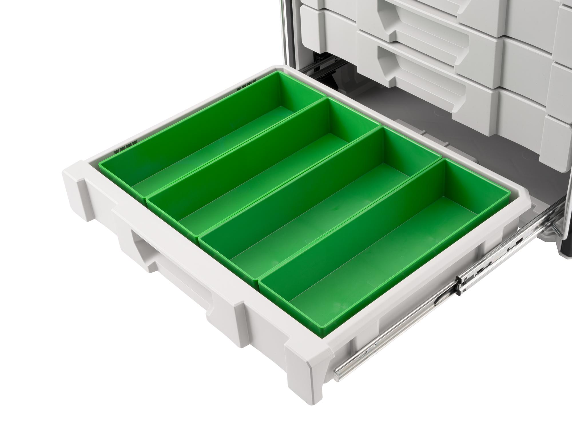 Angled view of green Tekton organizer bin set, 4-piece. OLM95035