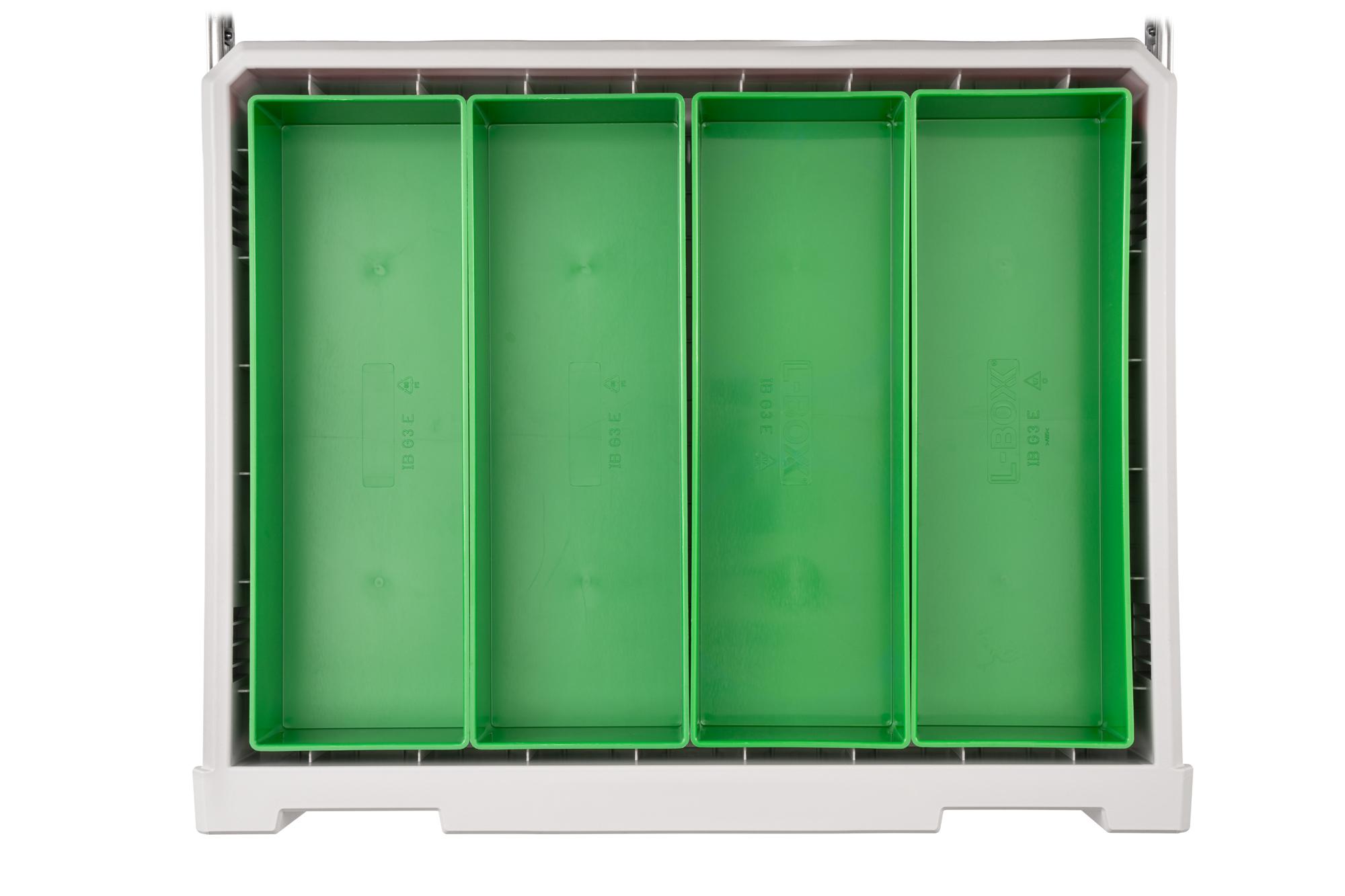 Front view of green Tekton organizer bin set, 4-piece (2.5 inch height). OLM95035