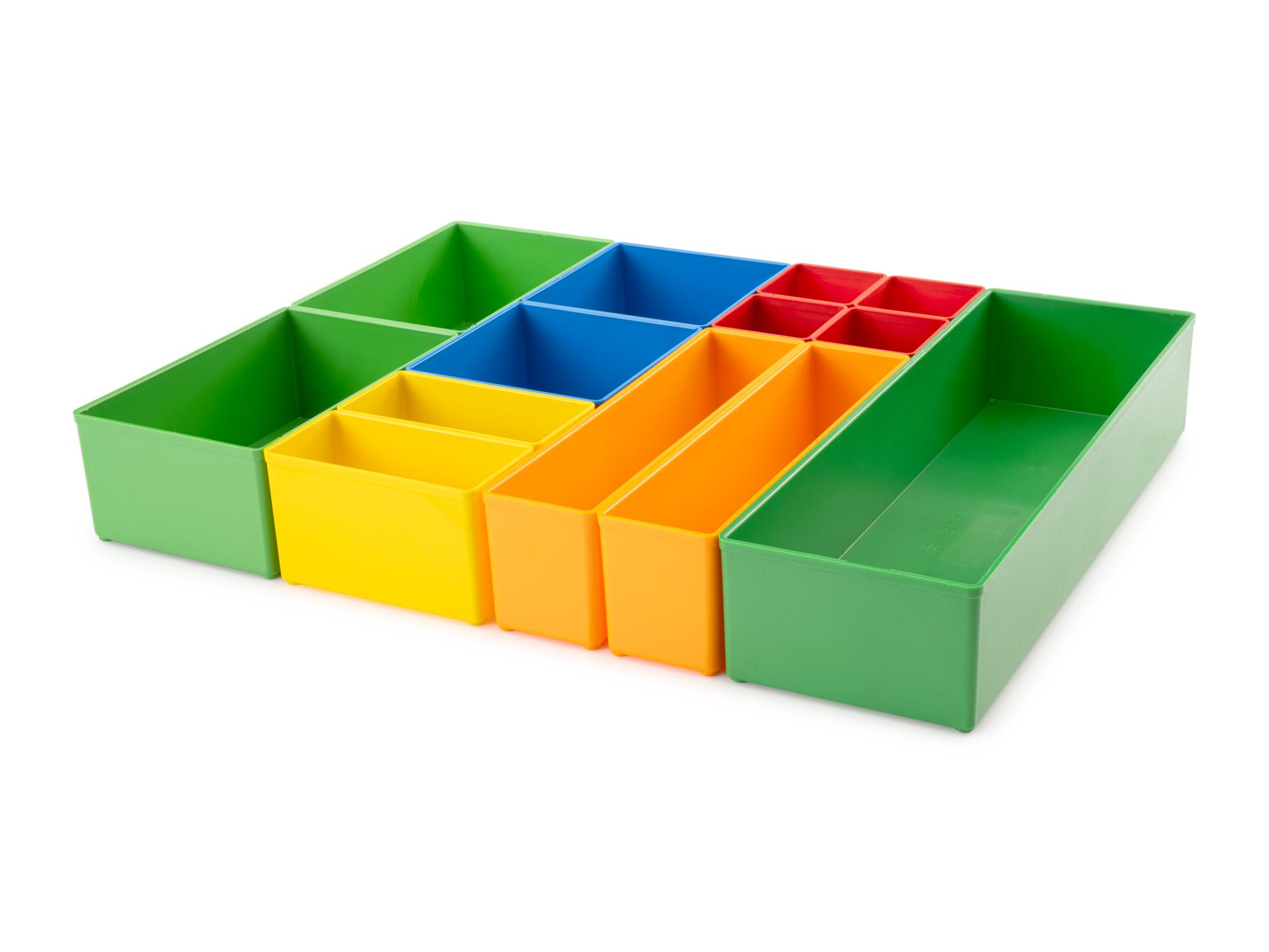 Angled view of multicolor Tekton organizer bin set, 13-piece (2.5 inch height). OLM95037