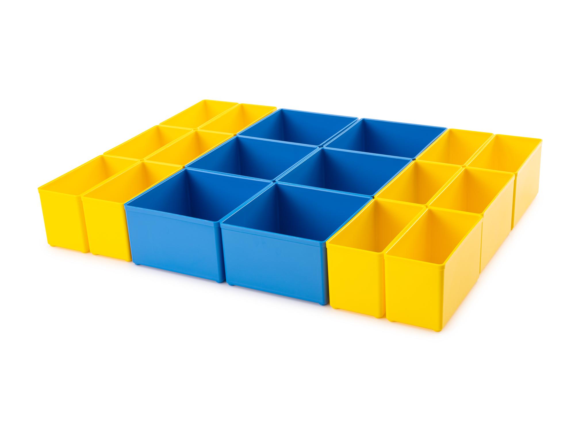 Angled view of yellow and blue Tekton organizer bin set, 18-piece. OLM95038