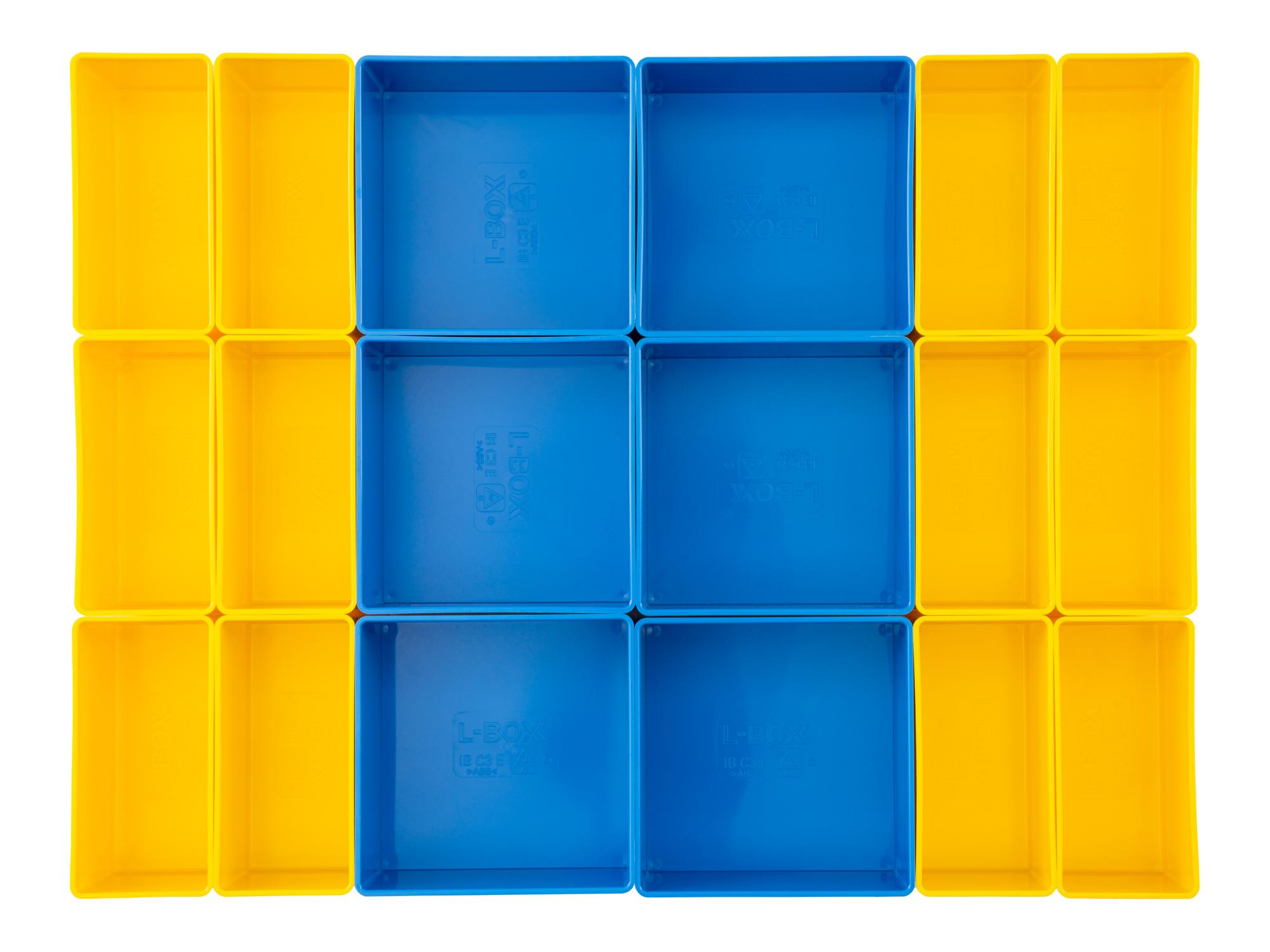 Top view of yellow and blue Tekton organizer bin set, 18-piece (2.5 inch height). OLM95038