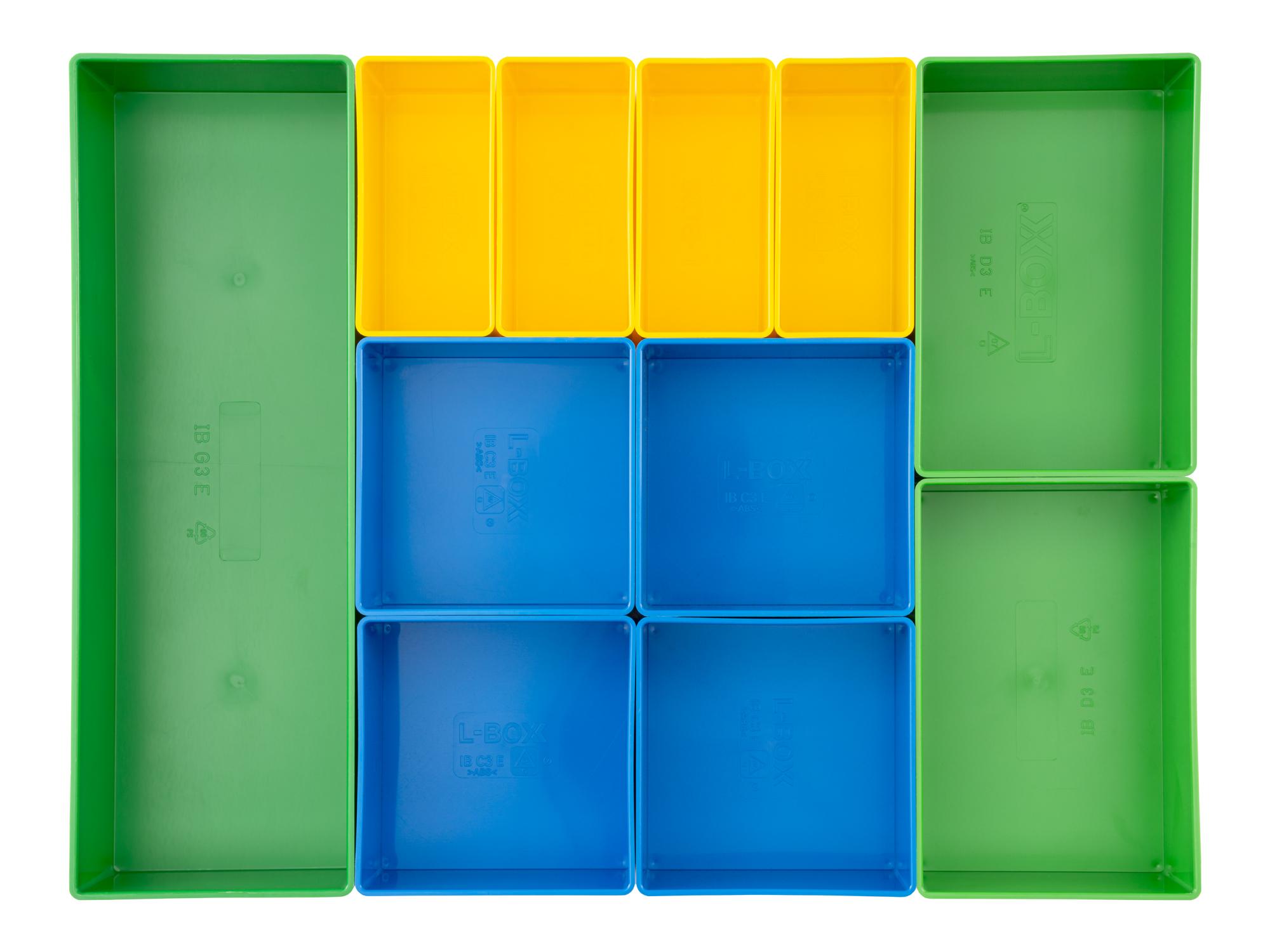 Top view of green, yellow, and blue Tekton organizer bin set, 11-piece (2.5 inch height). OLM95039