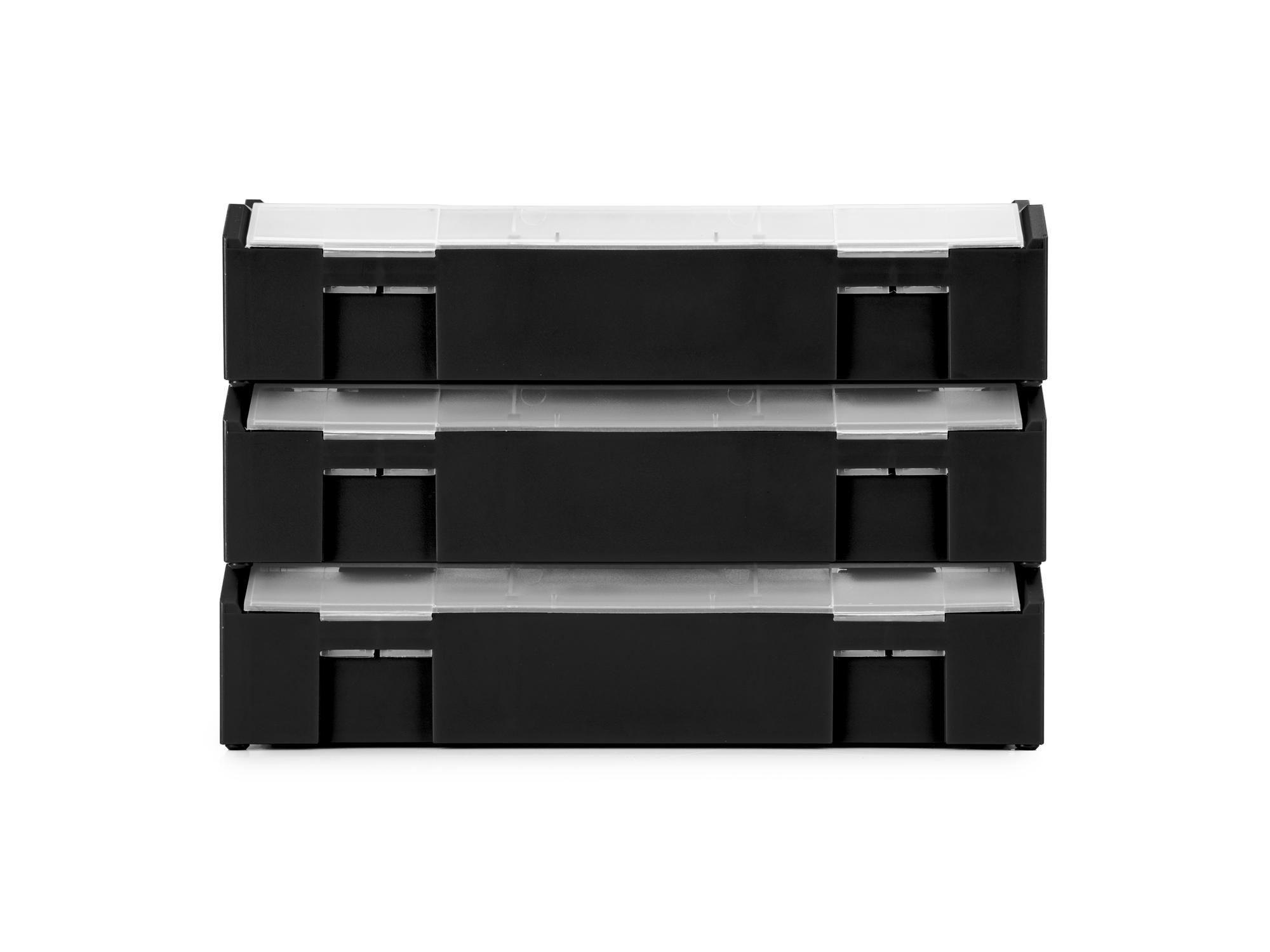 Back view of Tekton black stacking organization system set. Item #OLM97000